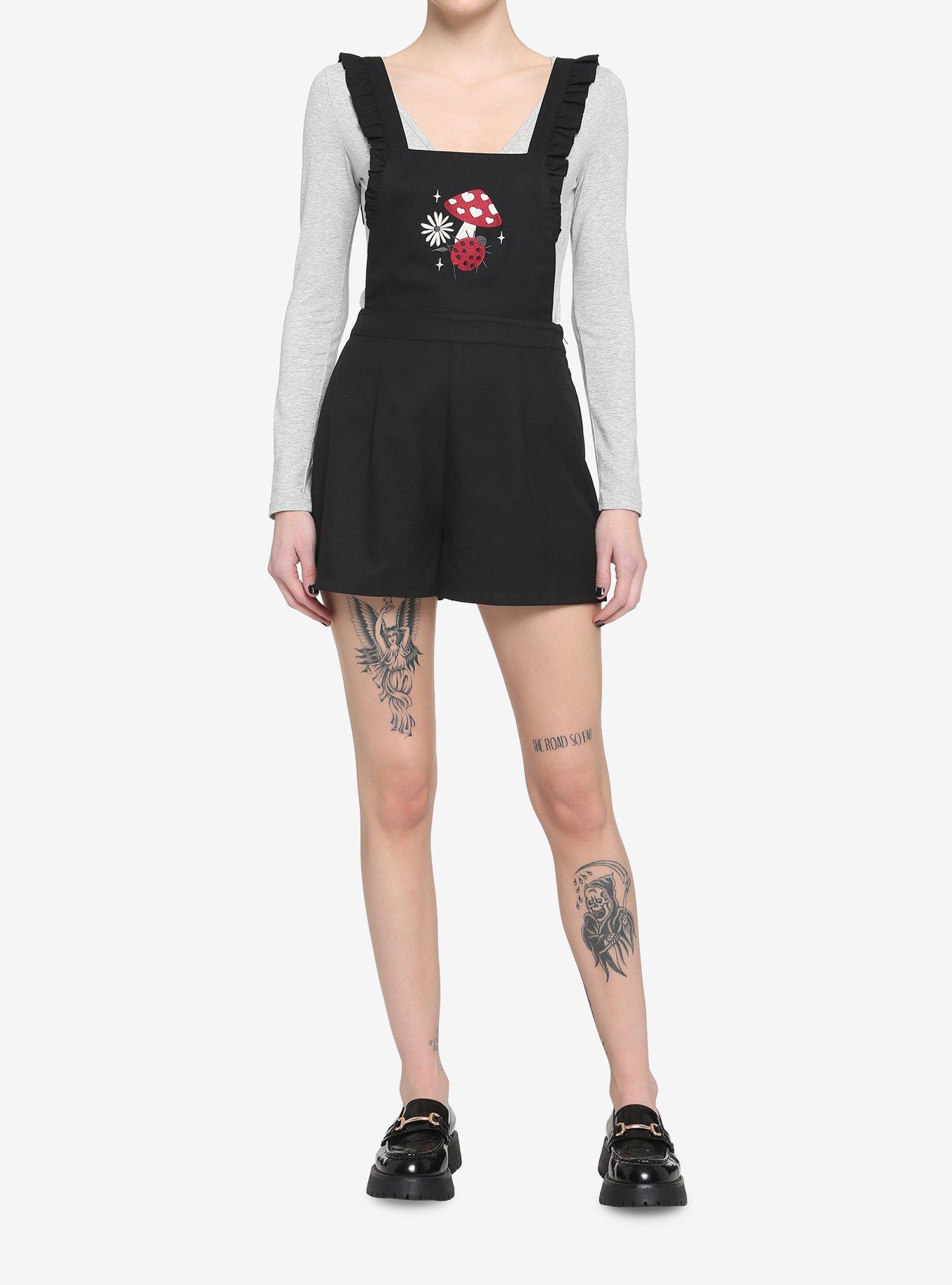 Black Embroidered Mushroom Shortalls, BLACK, alternate