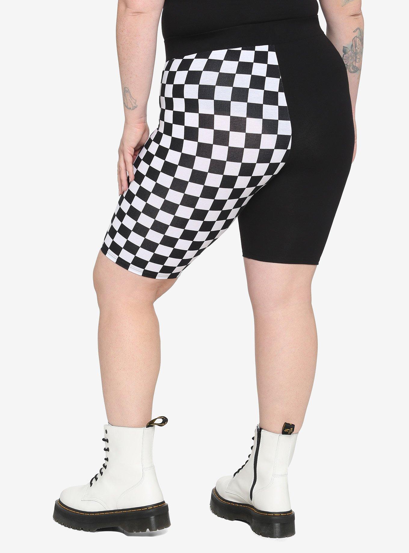 Black & White Checker Split Girls Bike Shorts Plus Size, BLACK, alternate