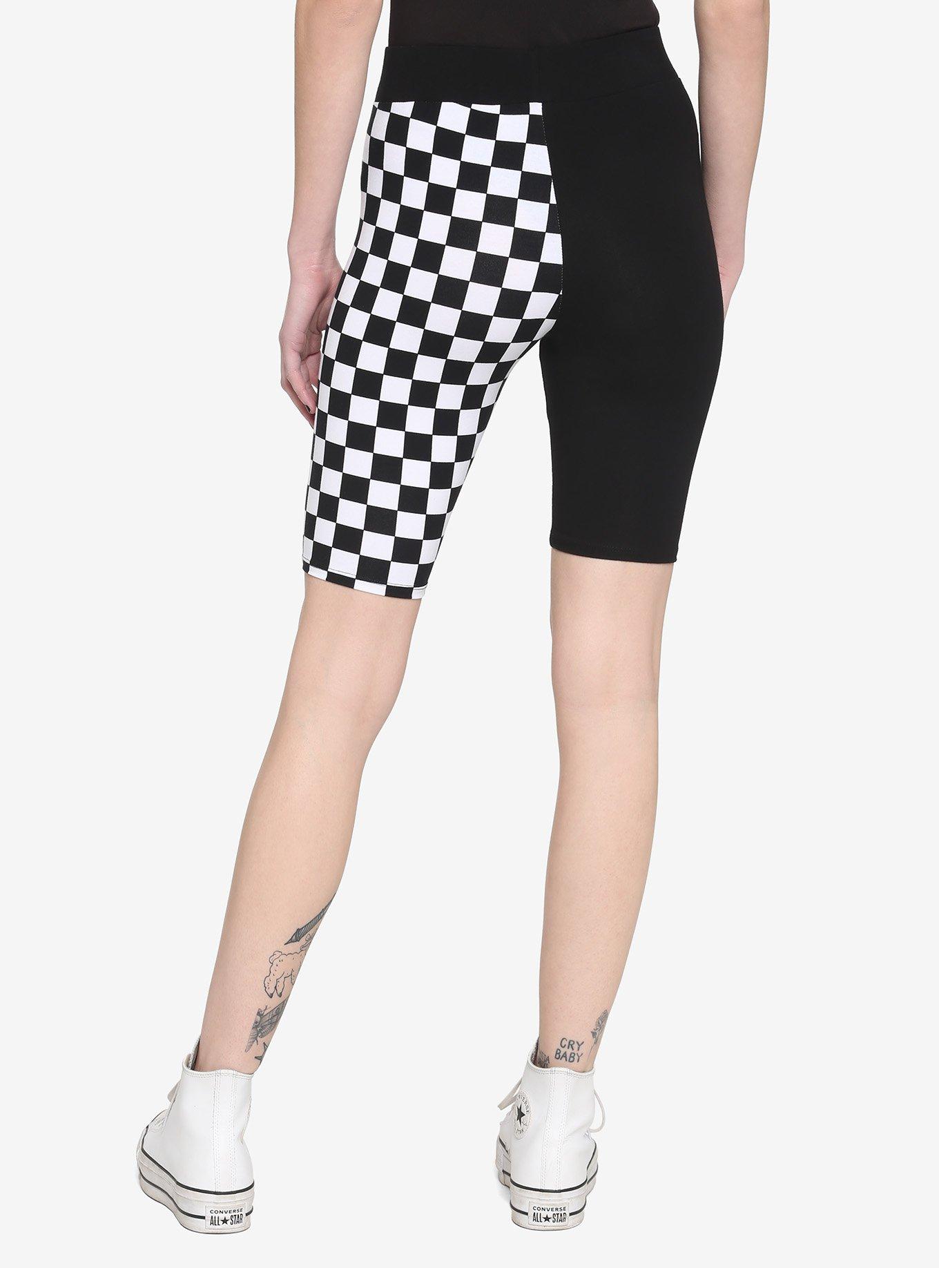 Black & White Checker Split Girls Bike Shorts, BLACK, alternate