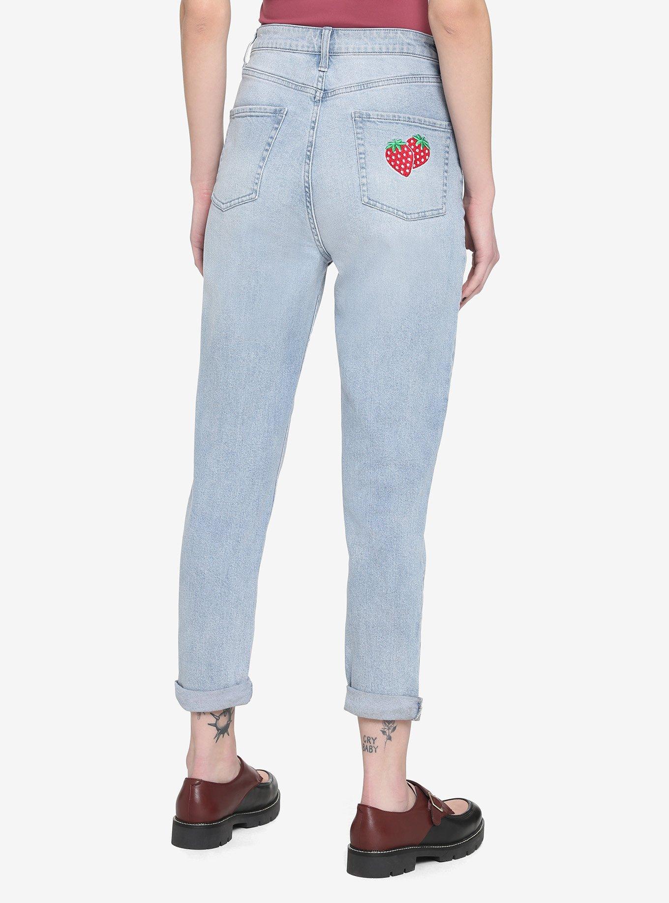 Strawberry Embroidered Mom Jeans, INDIGO, alternate