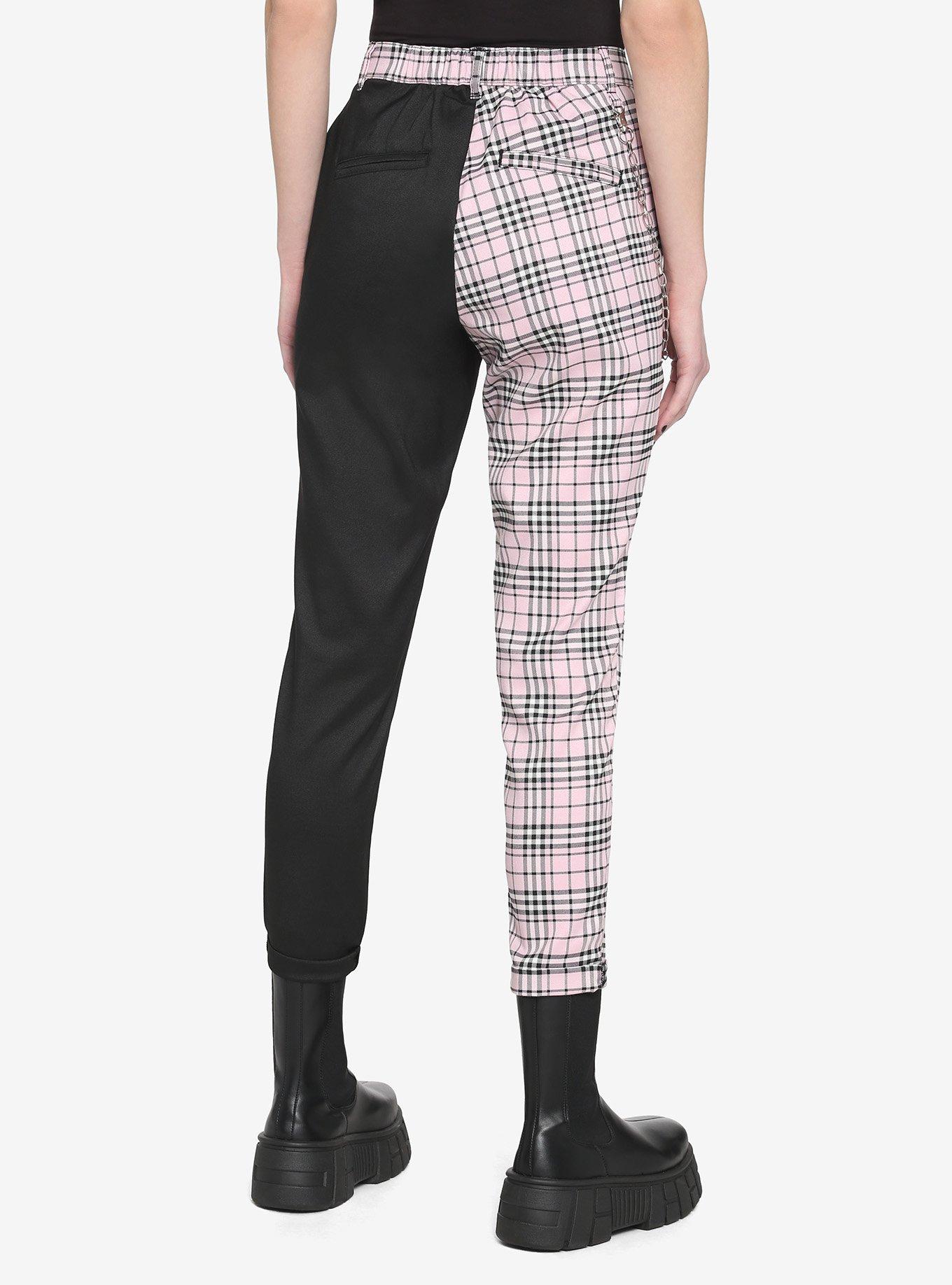 Black & Pink Plaid Split Chain Pants, PINK, alternate