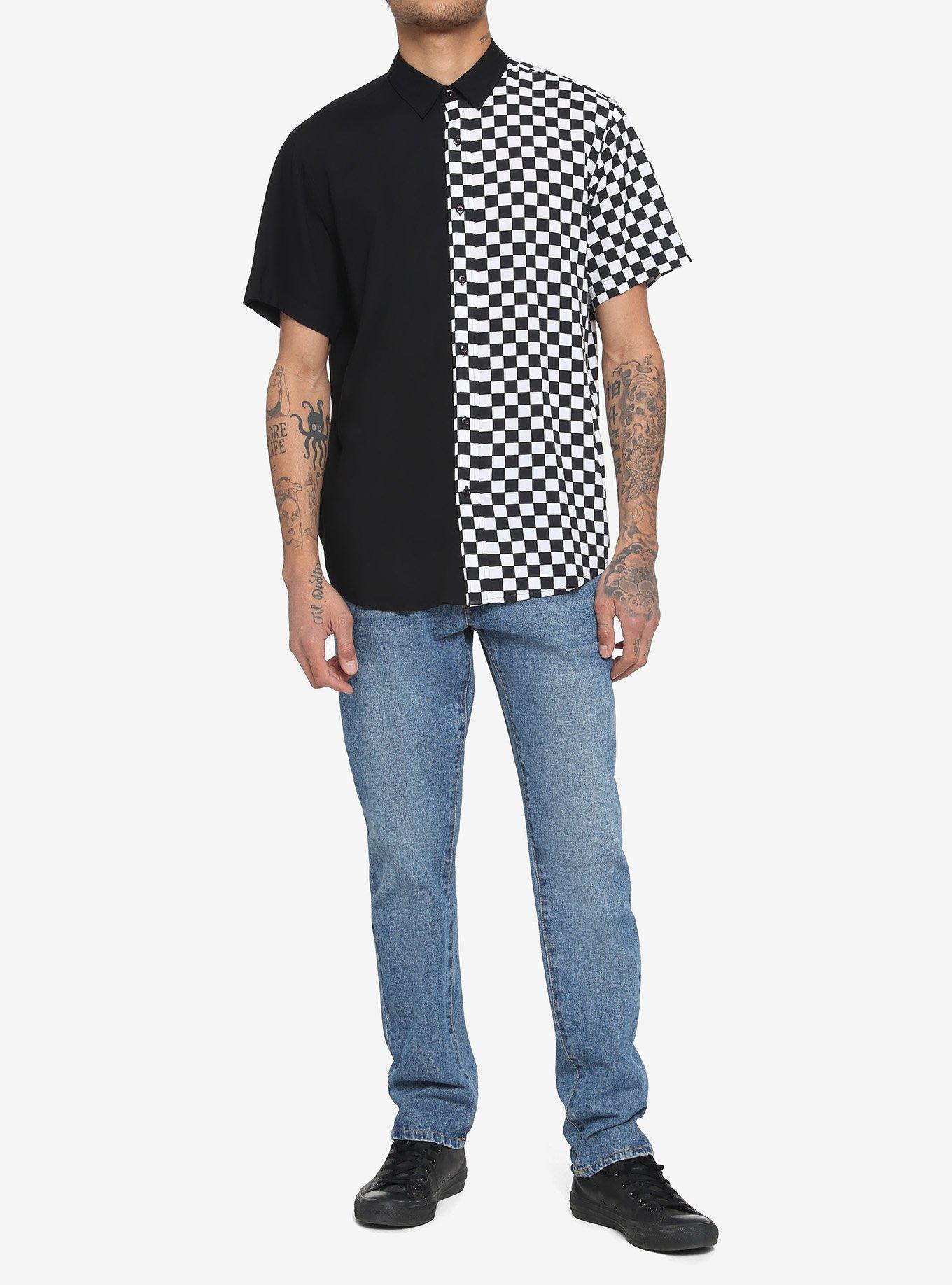 Black & White Checkered Split Woven Button-Up, BLACK  WHITE, alternate