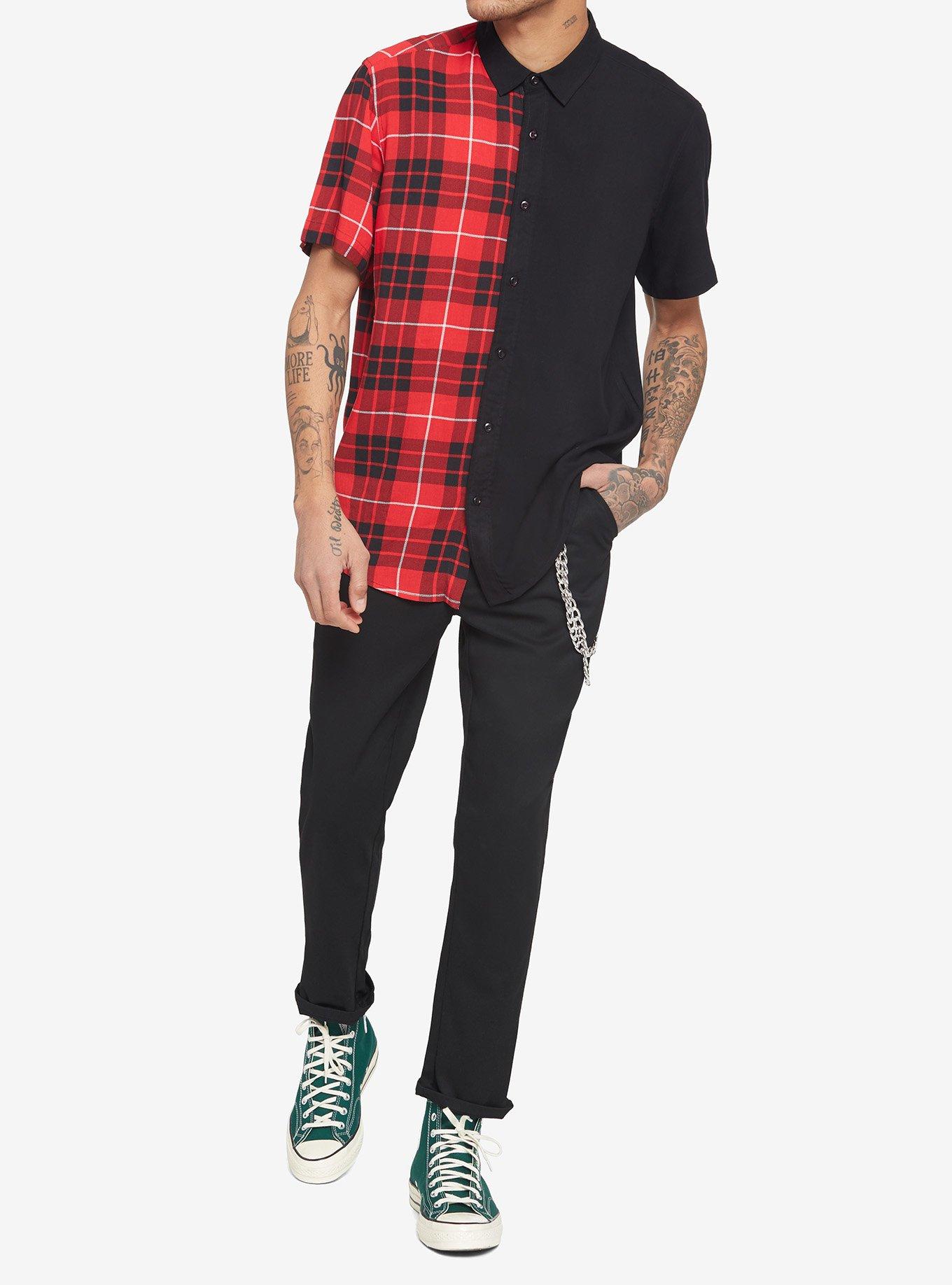 Black & Red Plaid Split Woven Button-Up, BLACK  RED, alternate