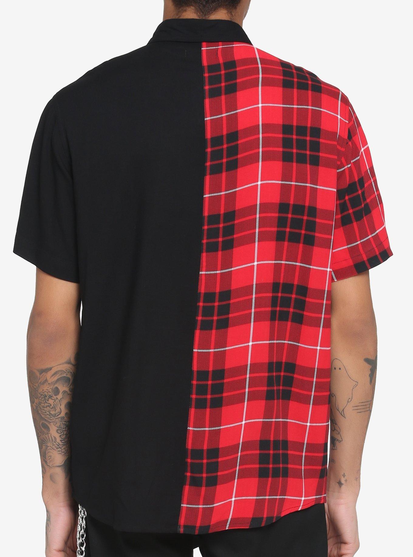 Black & Red Plaid Split Woven Button-Up, BLACK  RED, alternate
