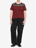 Black & Red Stripe Mesh Boxy Girls Crop T-Shirt Plus Size, STRIPES, alternate