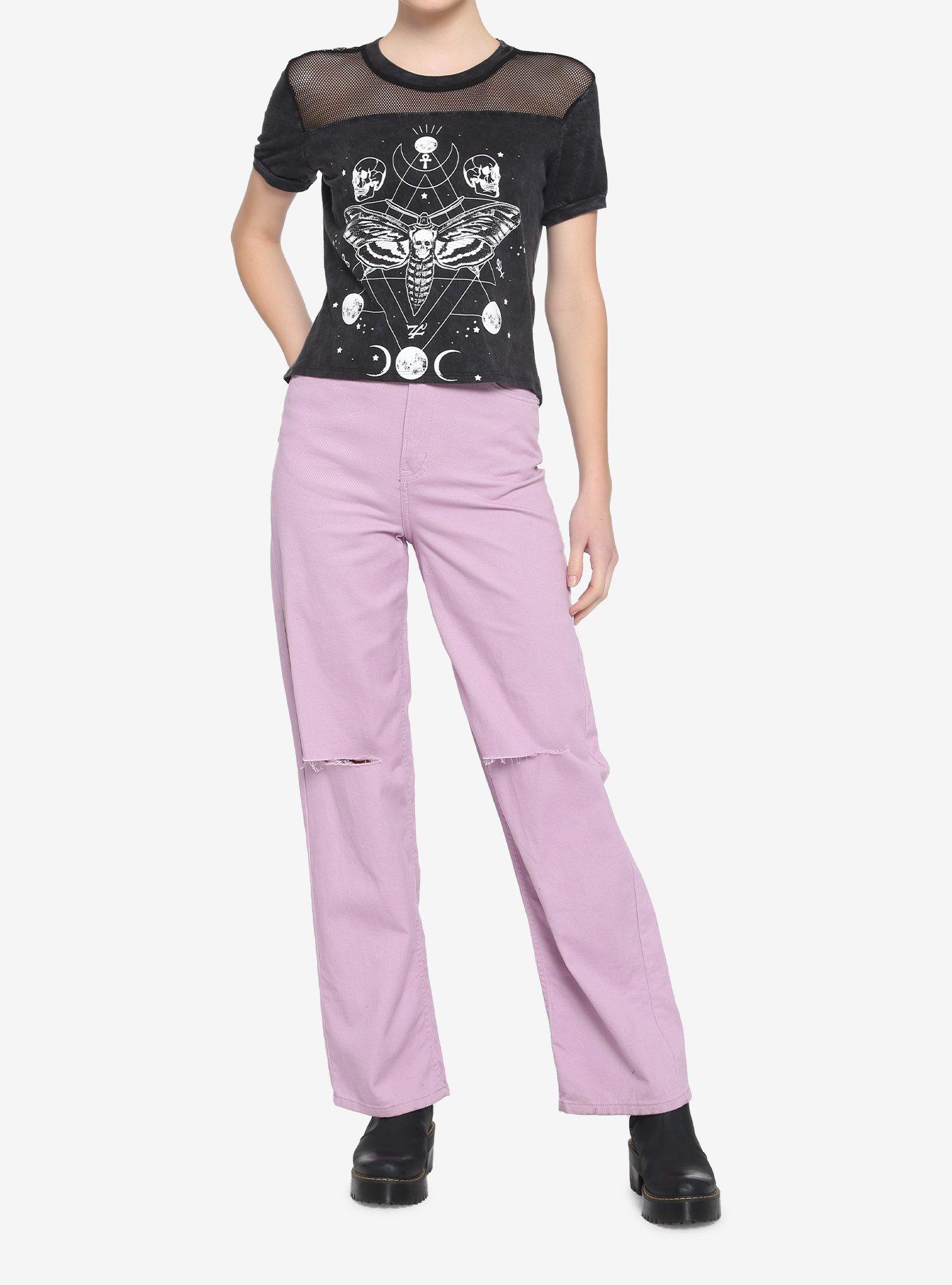 Deaths-Head Moth Mineral Wash Mesh Girls Crop T-Shirt, BLACK, alternate