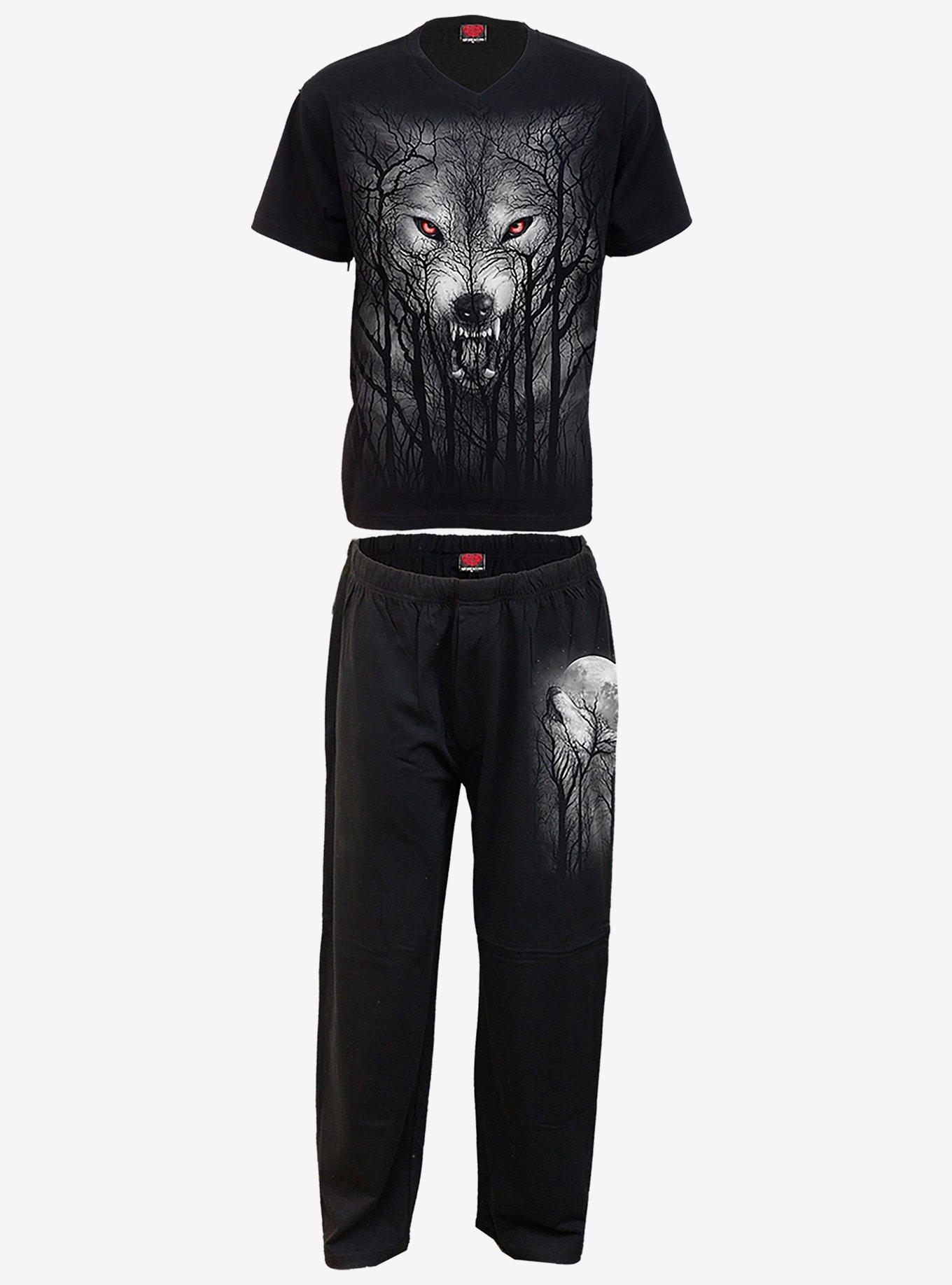 Forest Wolf 4 PC Gothic Pajama Set, BLACK, alternate