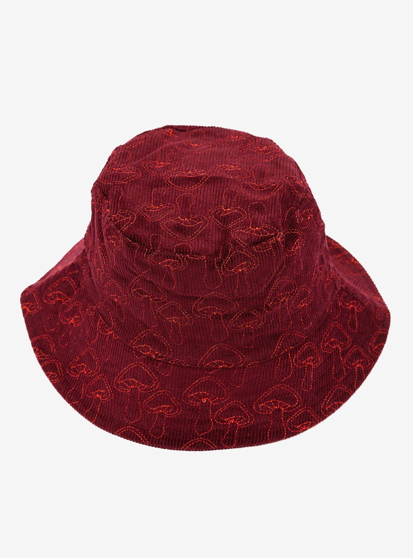 Burgundy Mushroom Embroidered Corduroy Bucket Hat, , alternate
