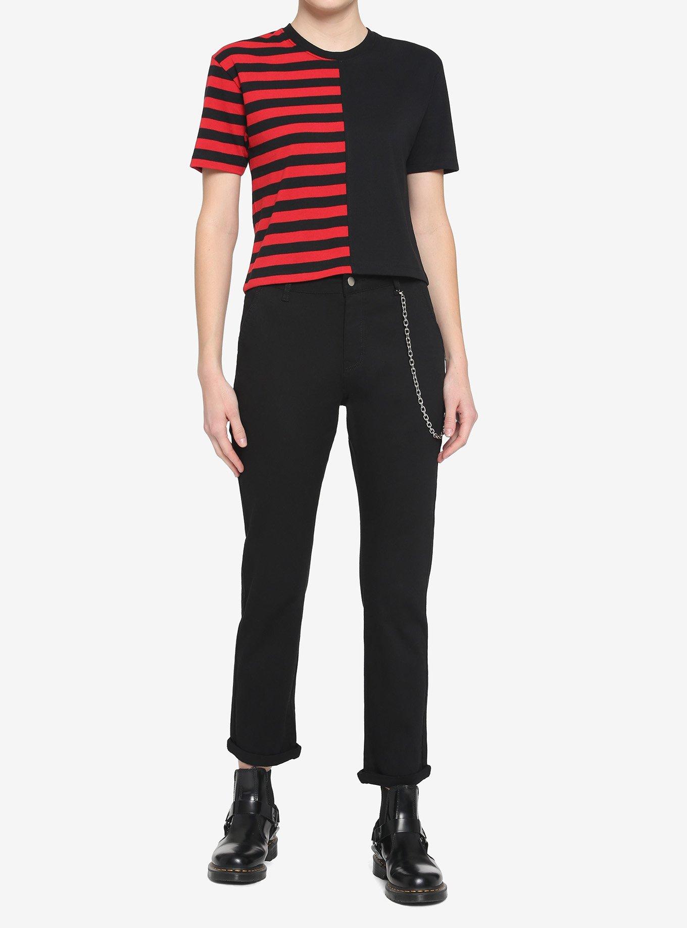 Red & Black Stripe Split Boxy Girls Crop T-Shirt, STRIPES - RED, alternate
