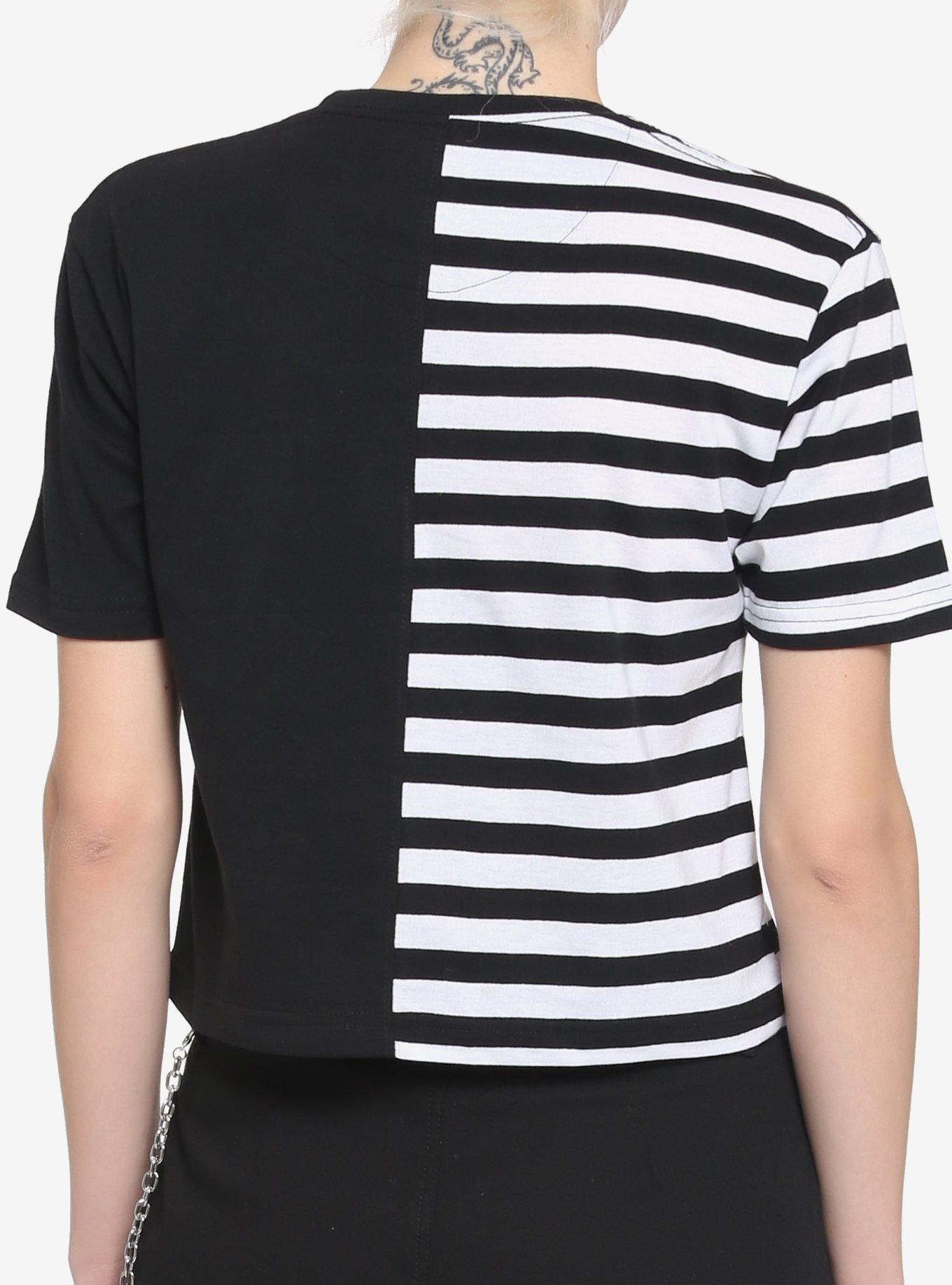 Black & White Stripe Split Girls Boxy Crop T-Shirt, STRIPES, alternate