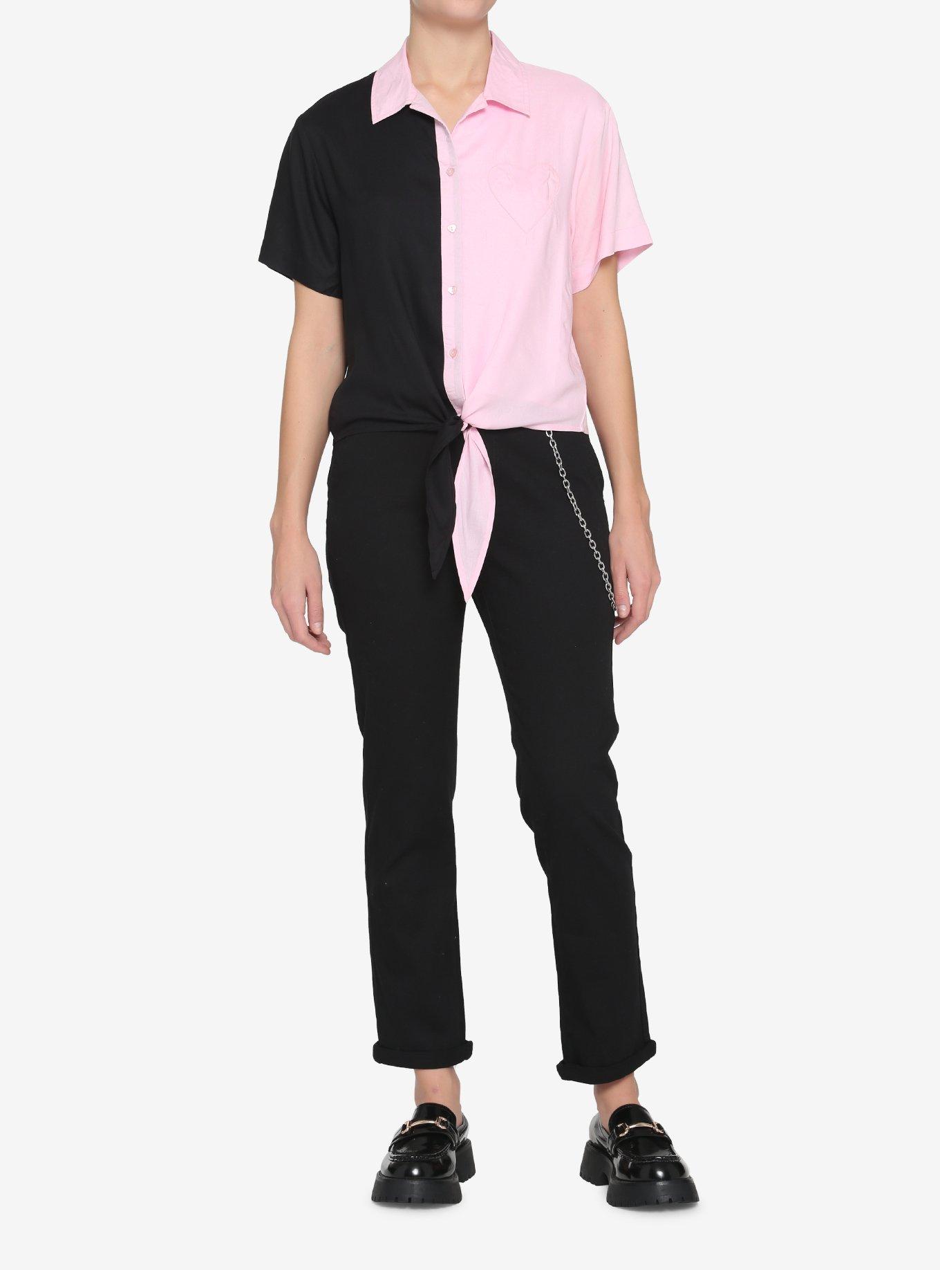 Black & Pink Split Heart Tie-Front Girls Woven Button-Up, BLACK, alternate