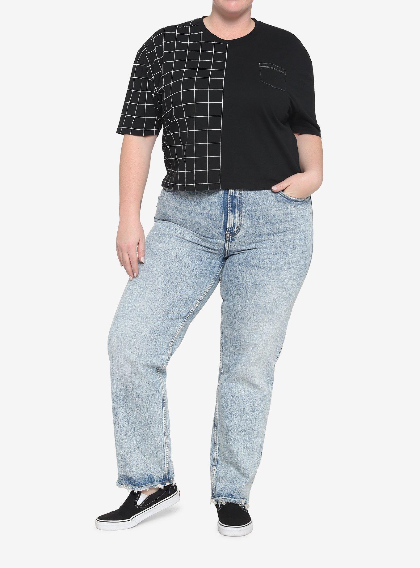 Black & White Grid Split Girls Boxy Crop T-Shirt Plus Size, BLACK, alternate
