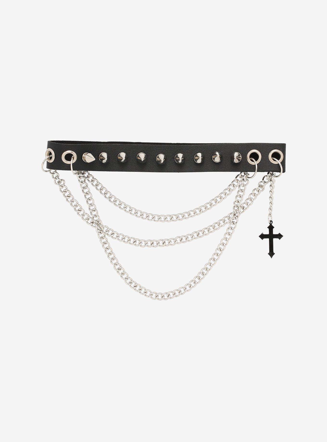 Multi Chain Cross Charm Spiked Choker, , alternate