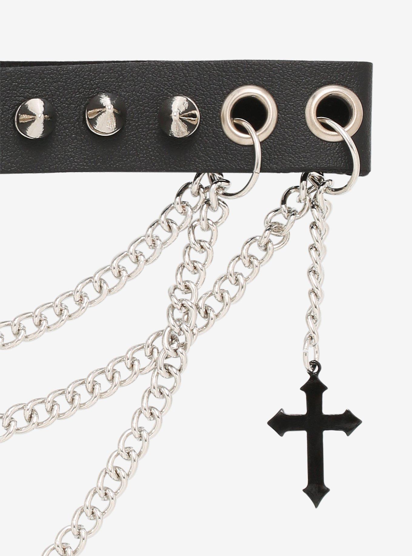 Multi Chain Cross Charm Spiked Choker, , alternate