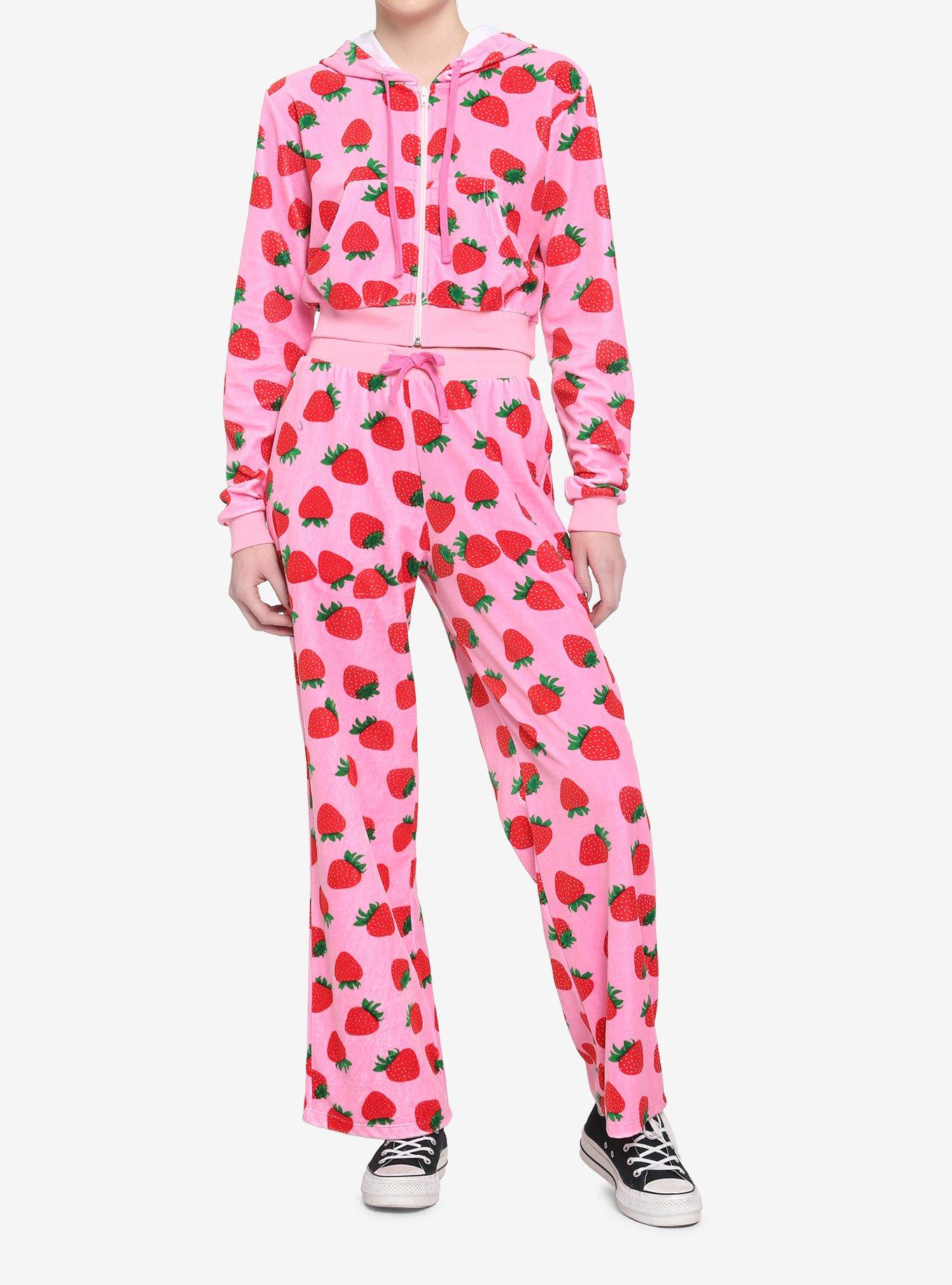 Pink Velour Strawberry Girls Crop Hoodie, PINK, alternate