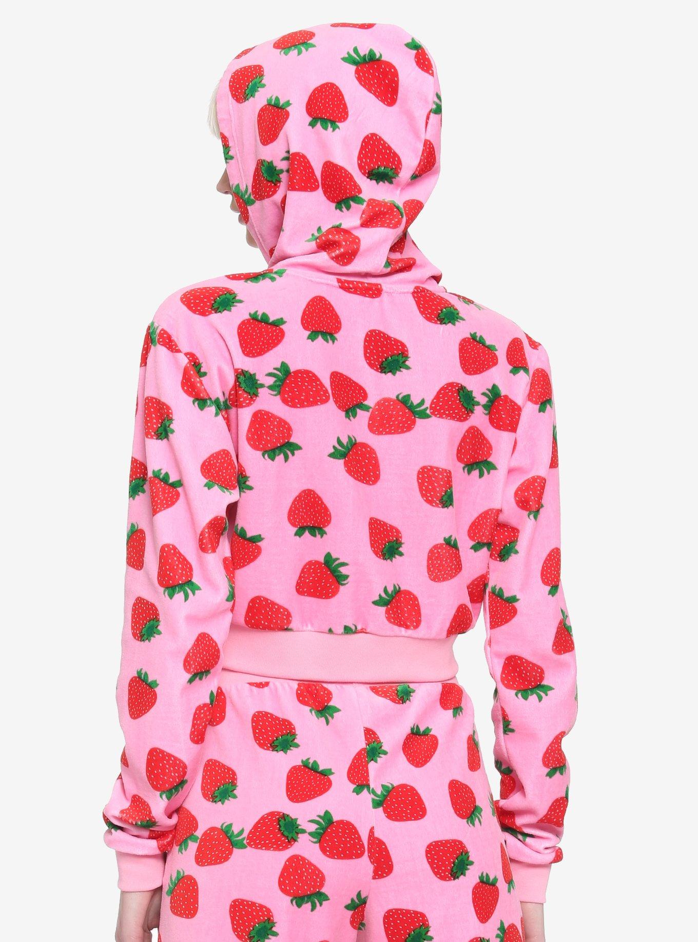 Pink Velour Strawberry Girls Crop Hoodie, PINK, alternate