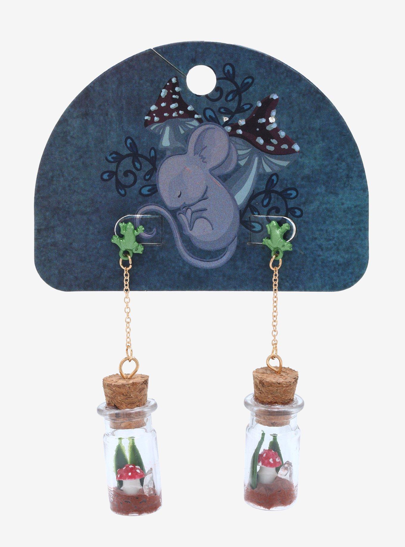 Frog Mushroom Terrarium Drop Earrings, , alternate