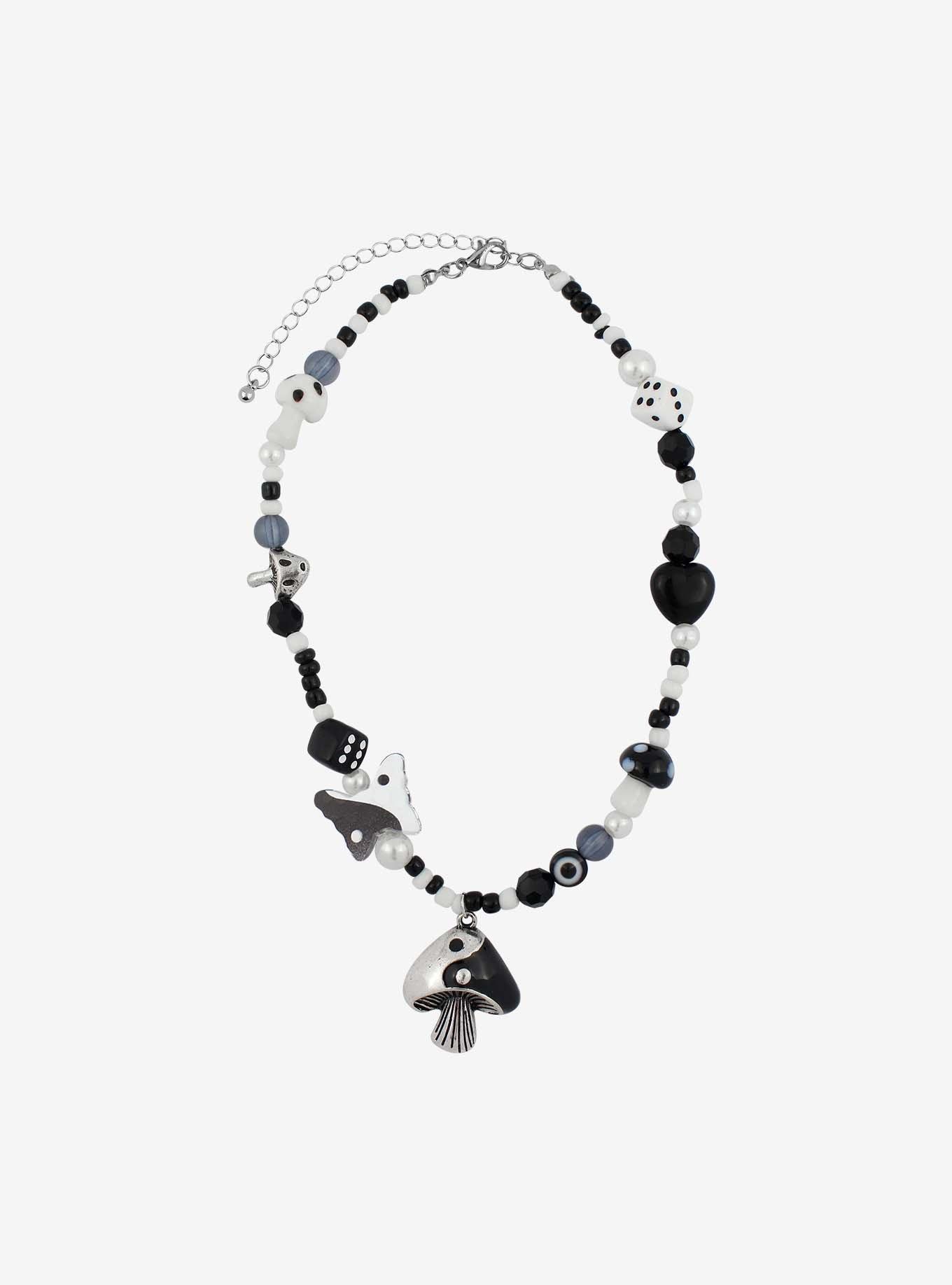 Black & White Yin-Yang Mushroom Beaded Necklace, , alternate