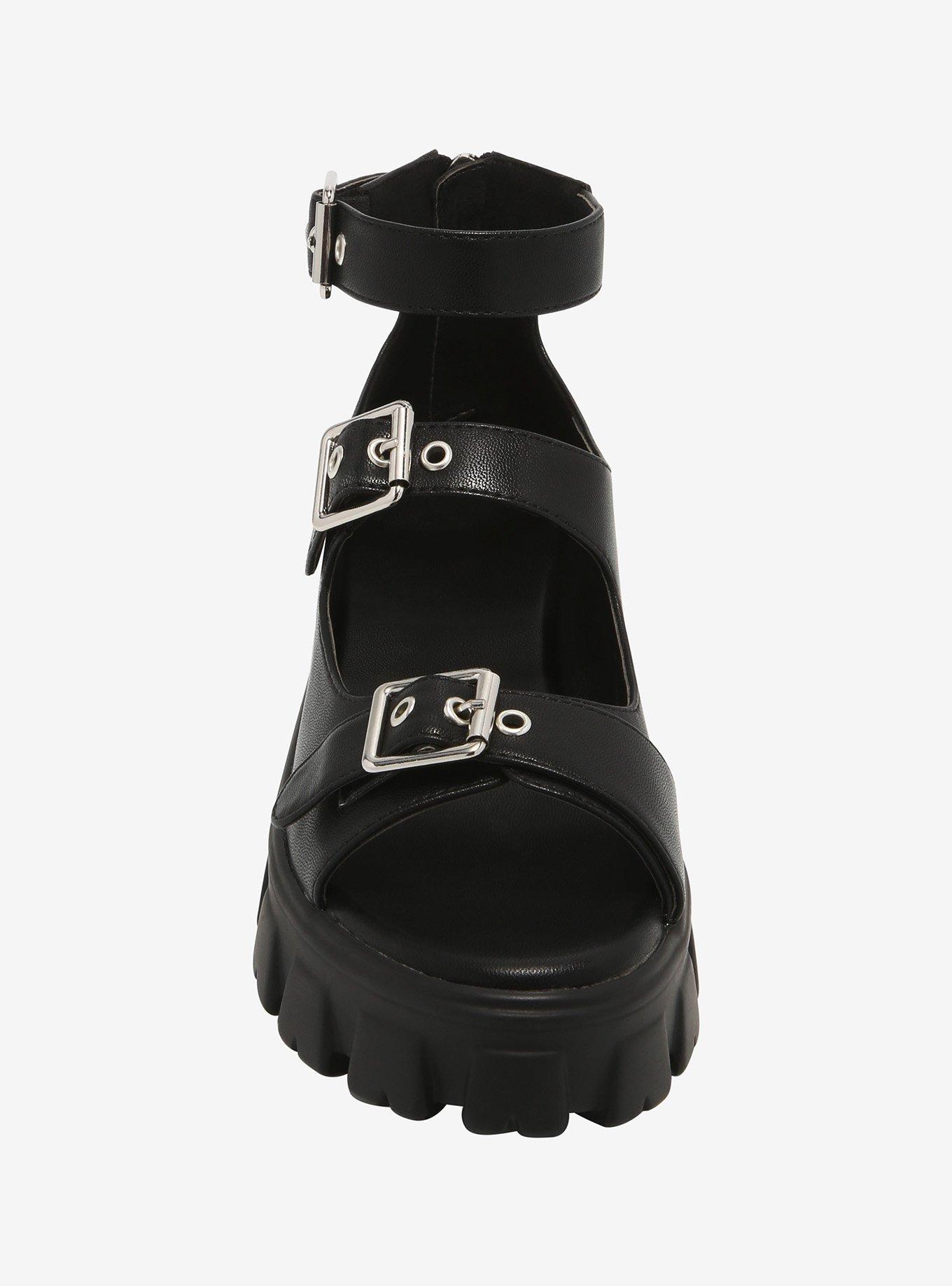 Black Triple Buckle Chunky Platform Sandals, MULTI, alternate