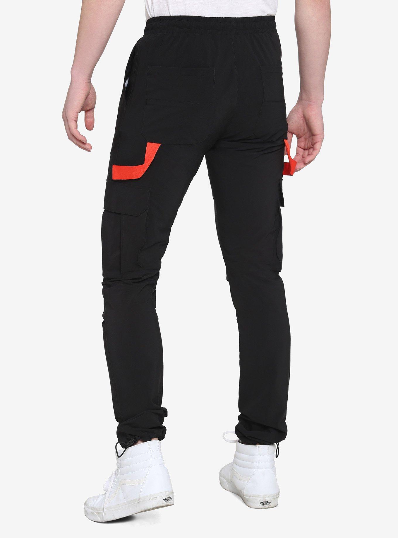 Black & Red Drawstring Nylon Cargo Pants, BLACK, alternate
