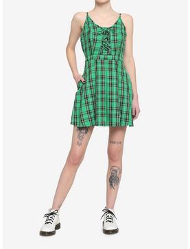 Green Plaid Pleated Lace-Up Dress, , hi-res