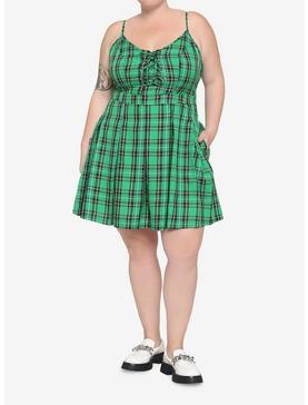 Green Plaid Pleated Lace-Up Dress Plus Size, , hi-res