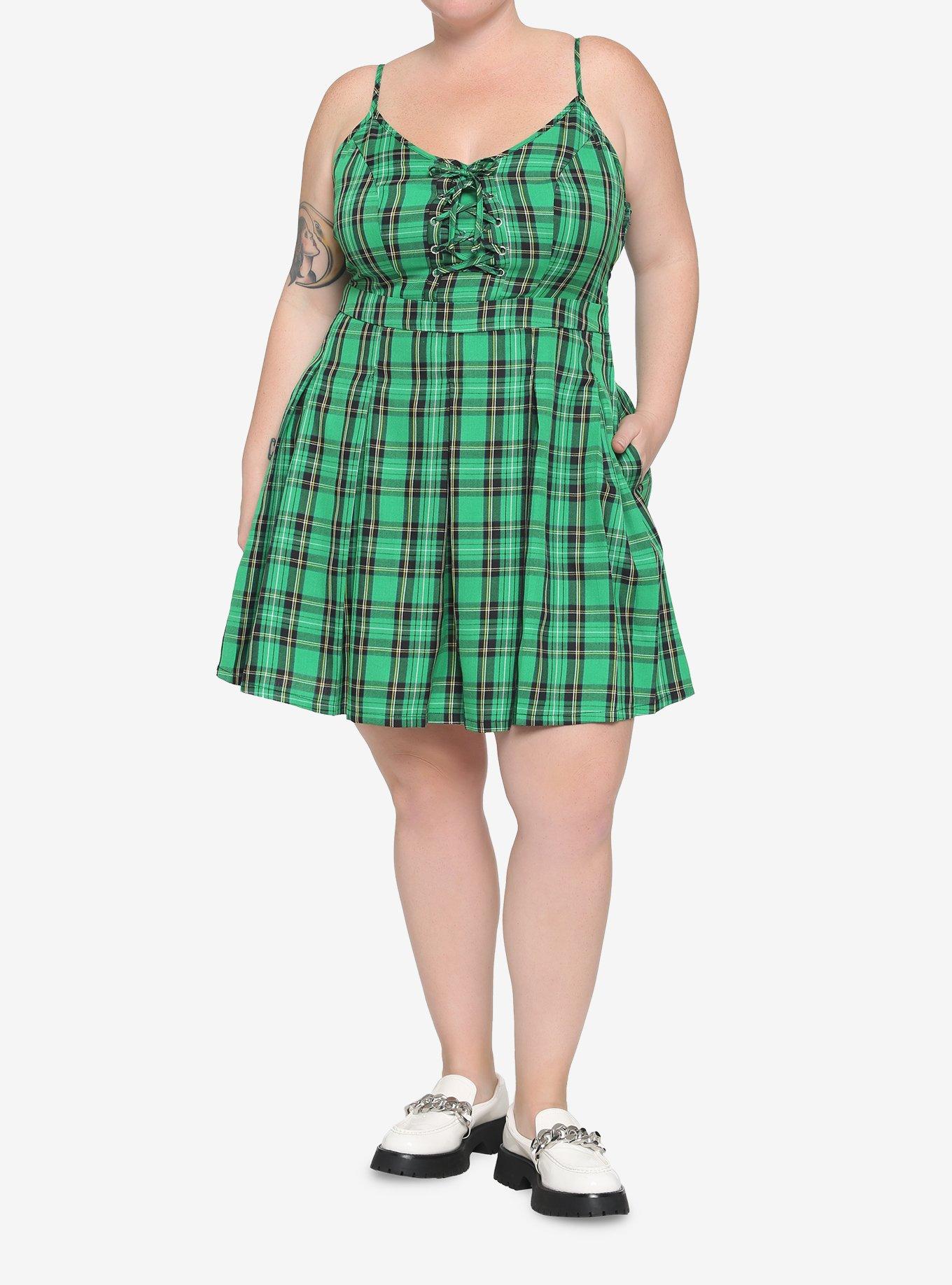 Green Plaid Pleated Lace-Up Dress Plus Size, , alternate