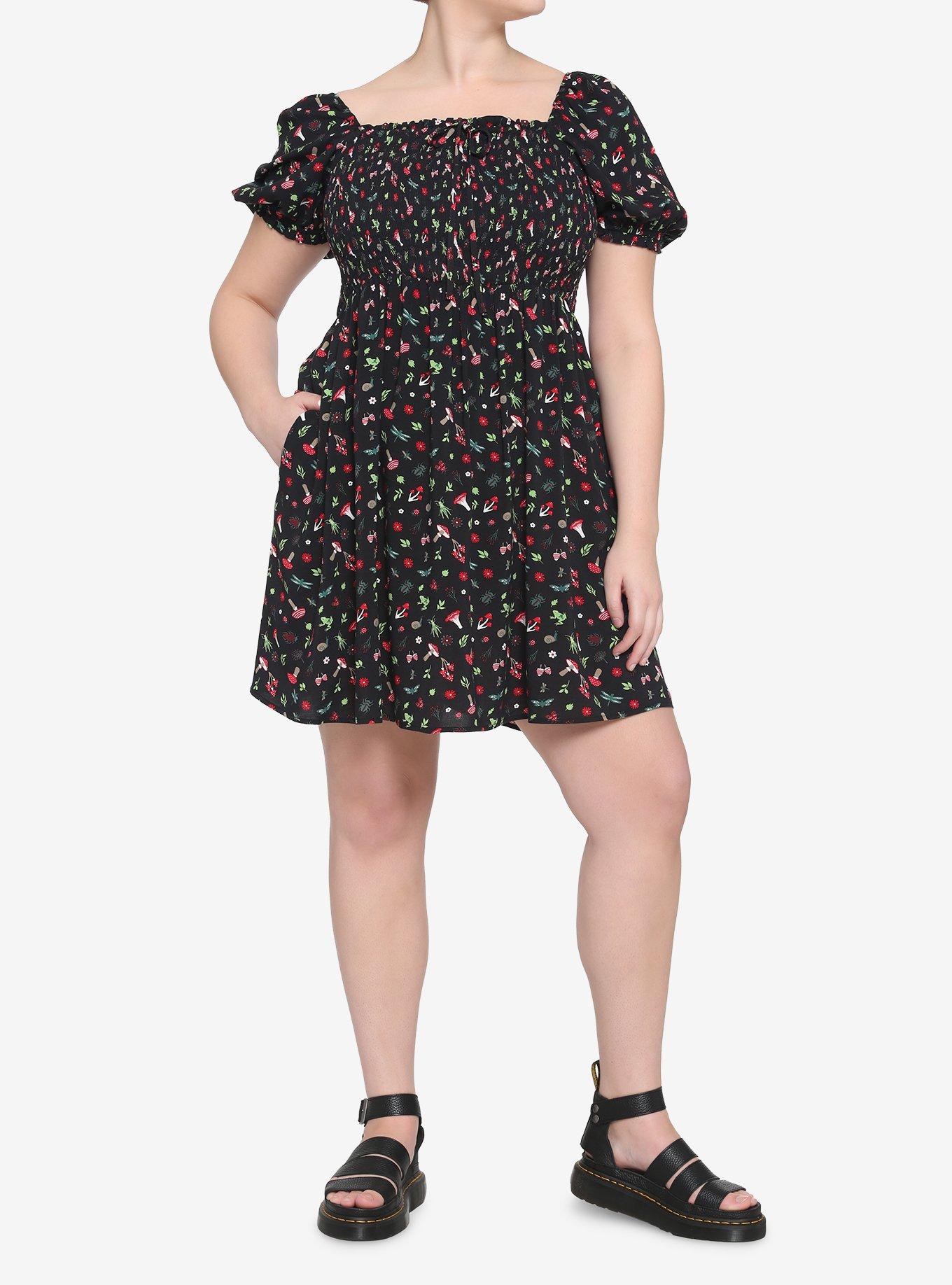 Black Mushroom Smocked Dress Plus Size, BLACK, alternate