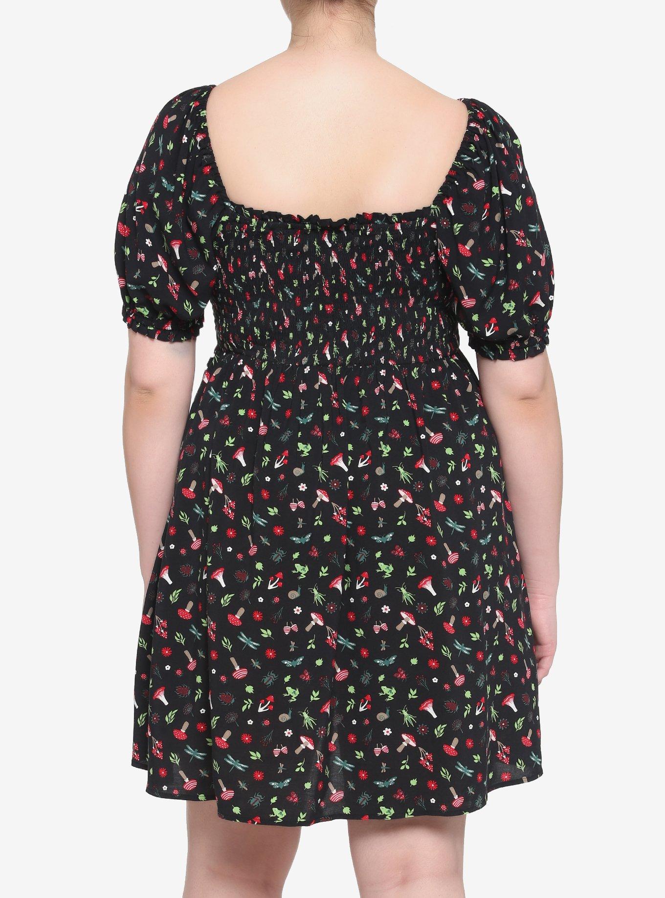 Black Mushroom Smocked Dress Plus Size, BLACK, alternate