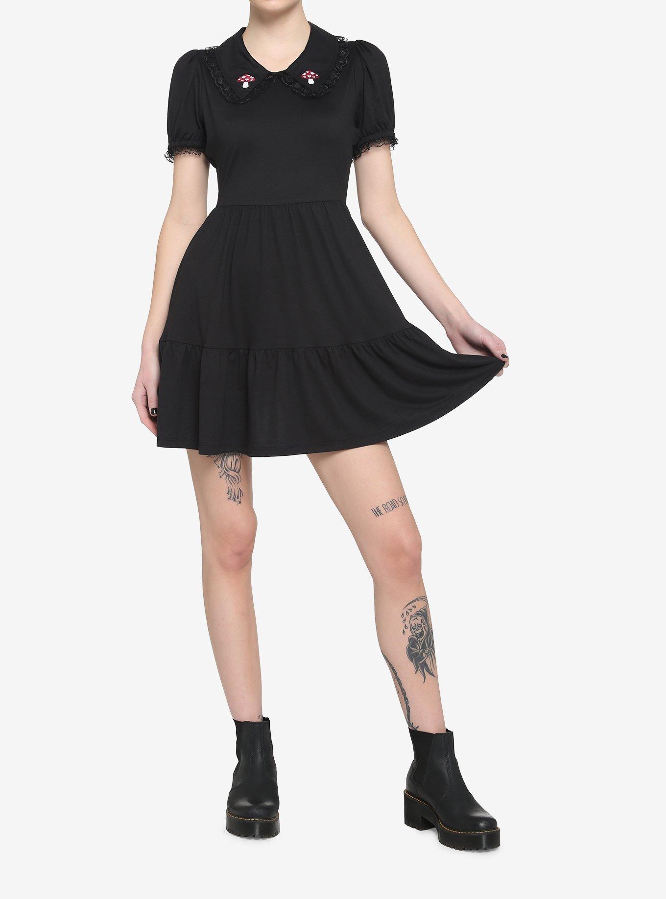 Mushroom Lace Collar Tiered Babydoll Dress, BLACK, alternate