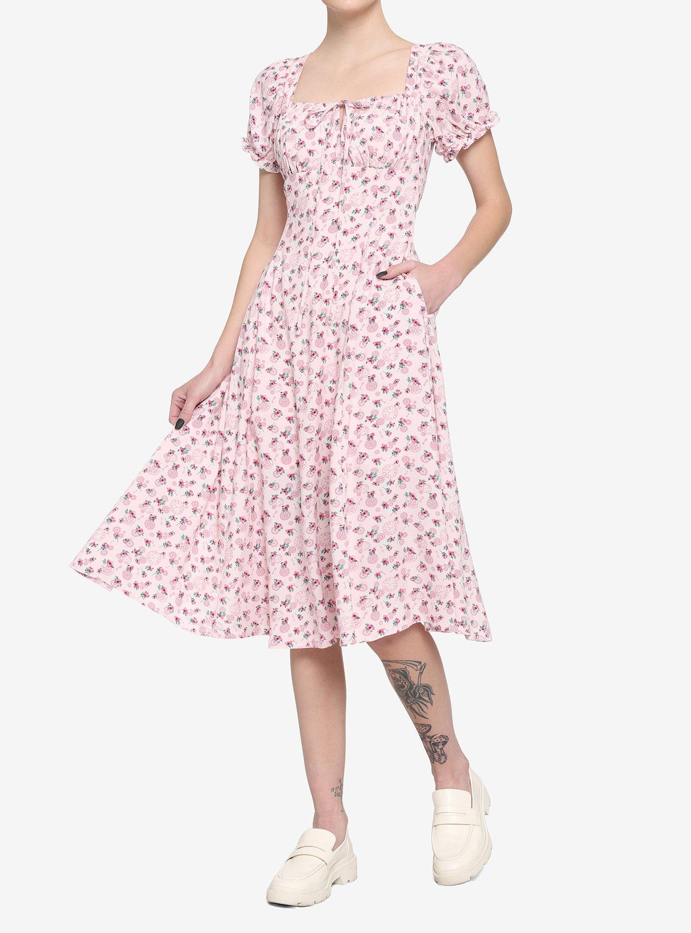 Pink Floral Gears Empire Midi Dress, MULTI, alternate