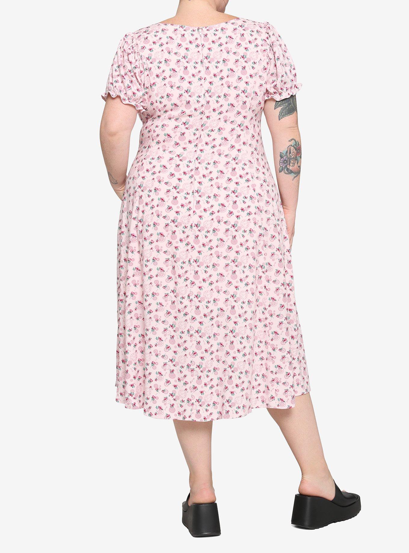 Pink Floral Gears Empire Midi Dress Plus Size, , alternate