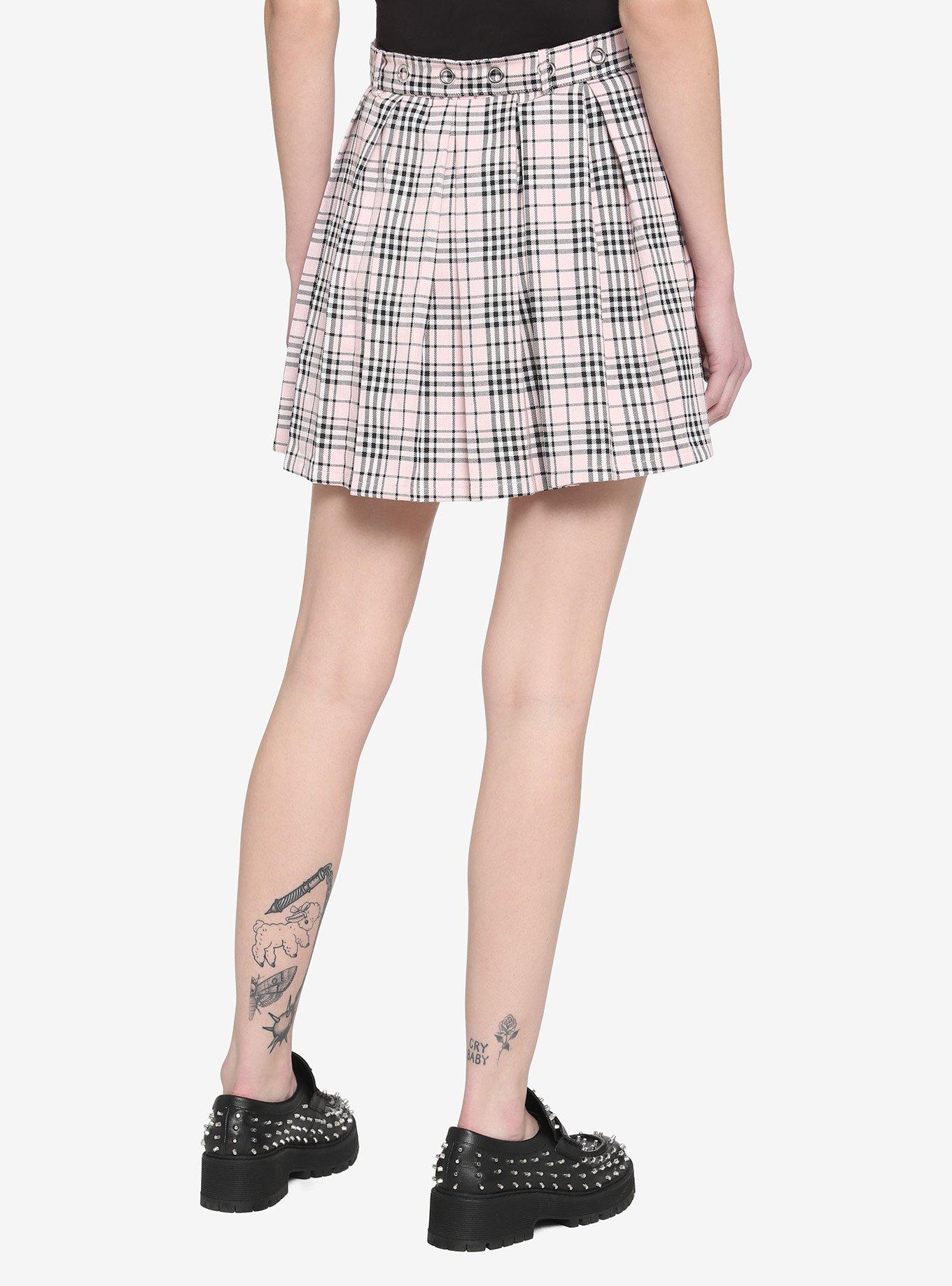 Pink & White Plaid Grommet Belt Skirt, PLAID - PINK, alternate