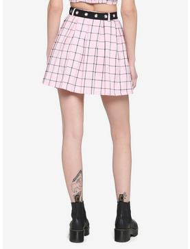 Pink & Black Grid Pleated Skirt With Grommet Belt, , hi-res