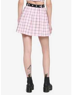 Pink & Black Grid Pleated Skirt With Grommet Belt, , hi-res