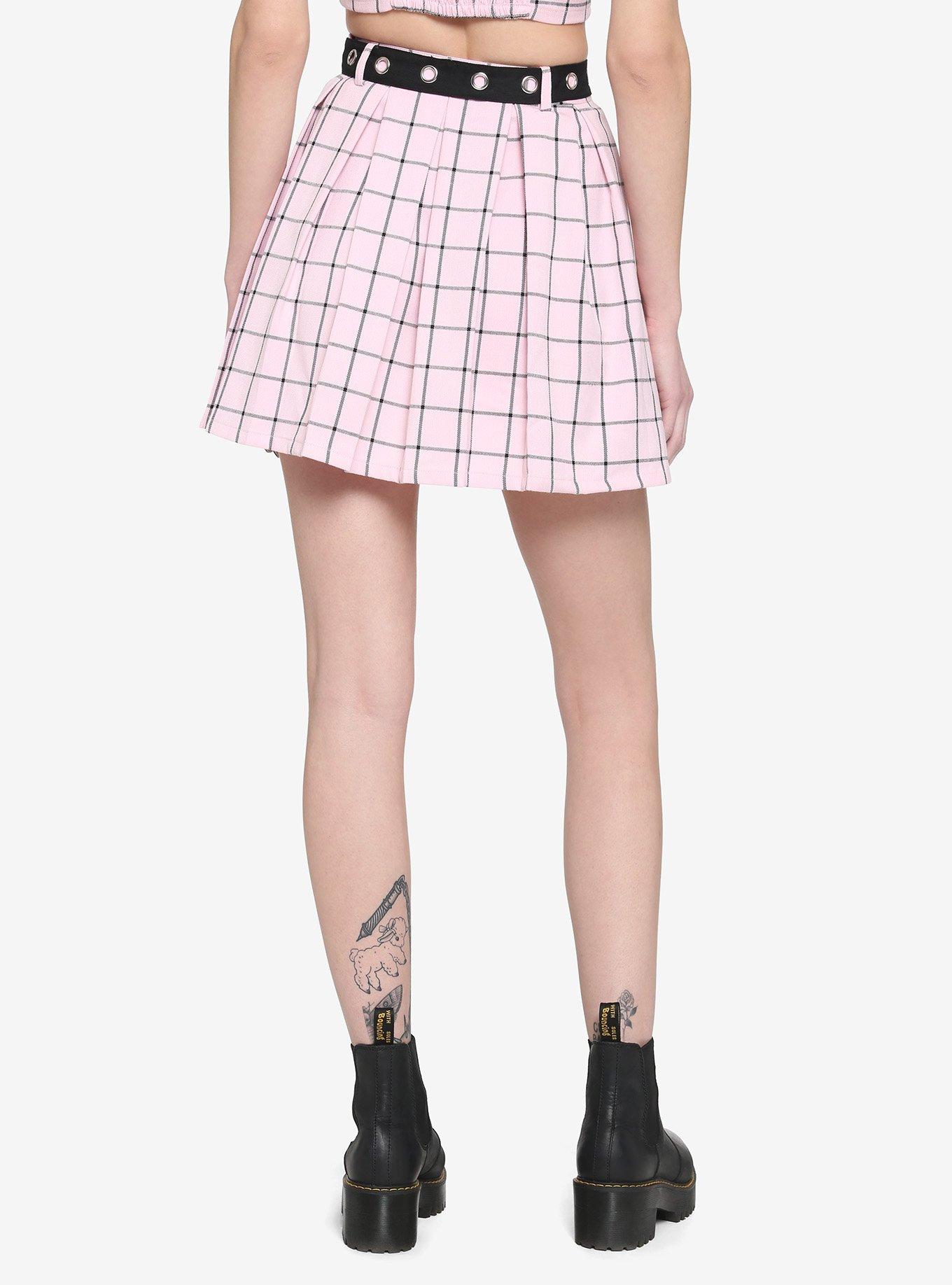 Pink & Black Grid Pleated Skirt With Grommet Belt, , hi-res