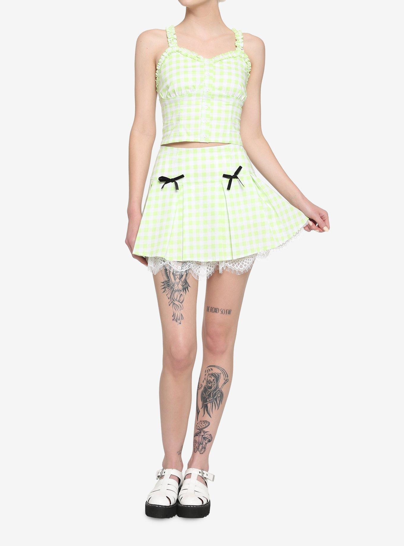 Lime Green Buffalo Plaid Lace Trim Skirt, MULTI, alternate
