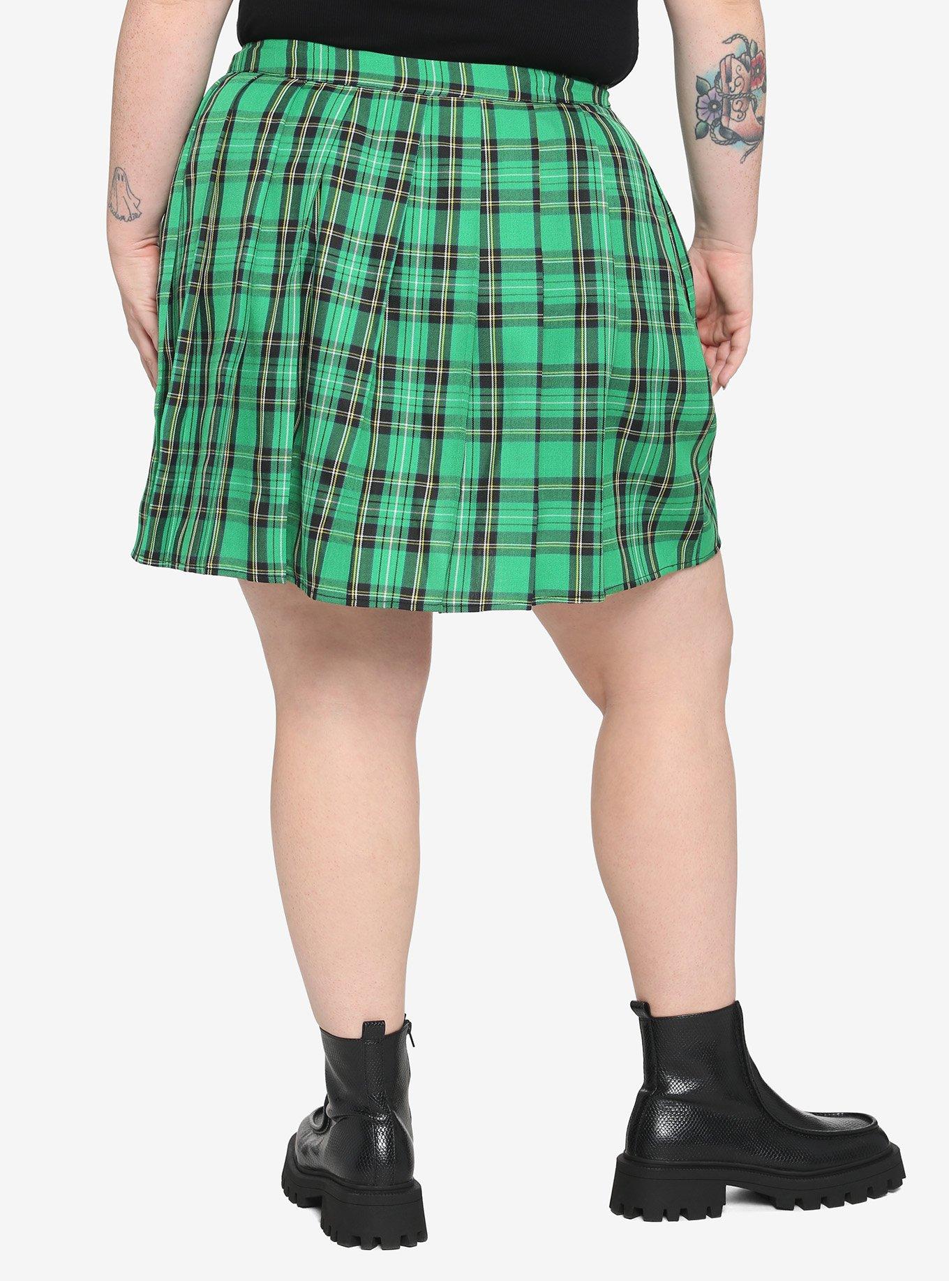 Green Plaid Buckle Pleated Skort Plus Size, , alternate