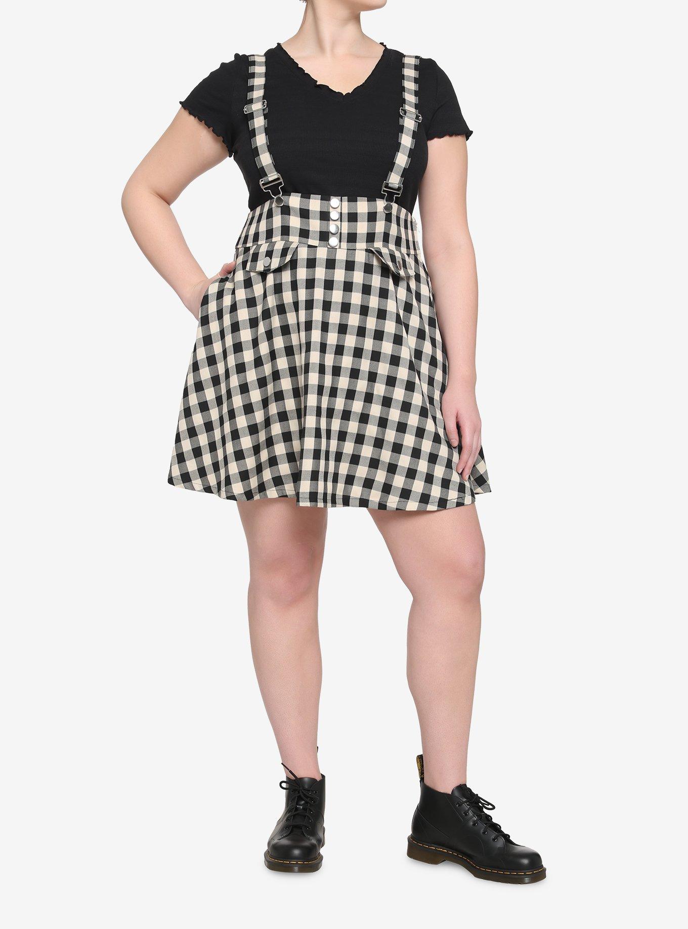 Ivory & Black Plaid Bow Suspender Skirt Plus Size, , hi-res