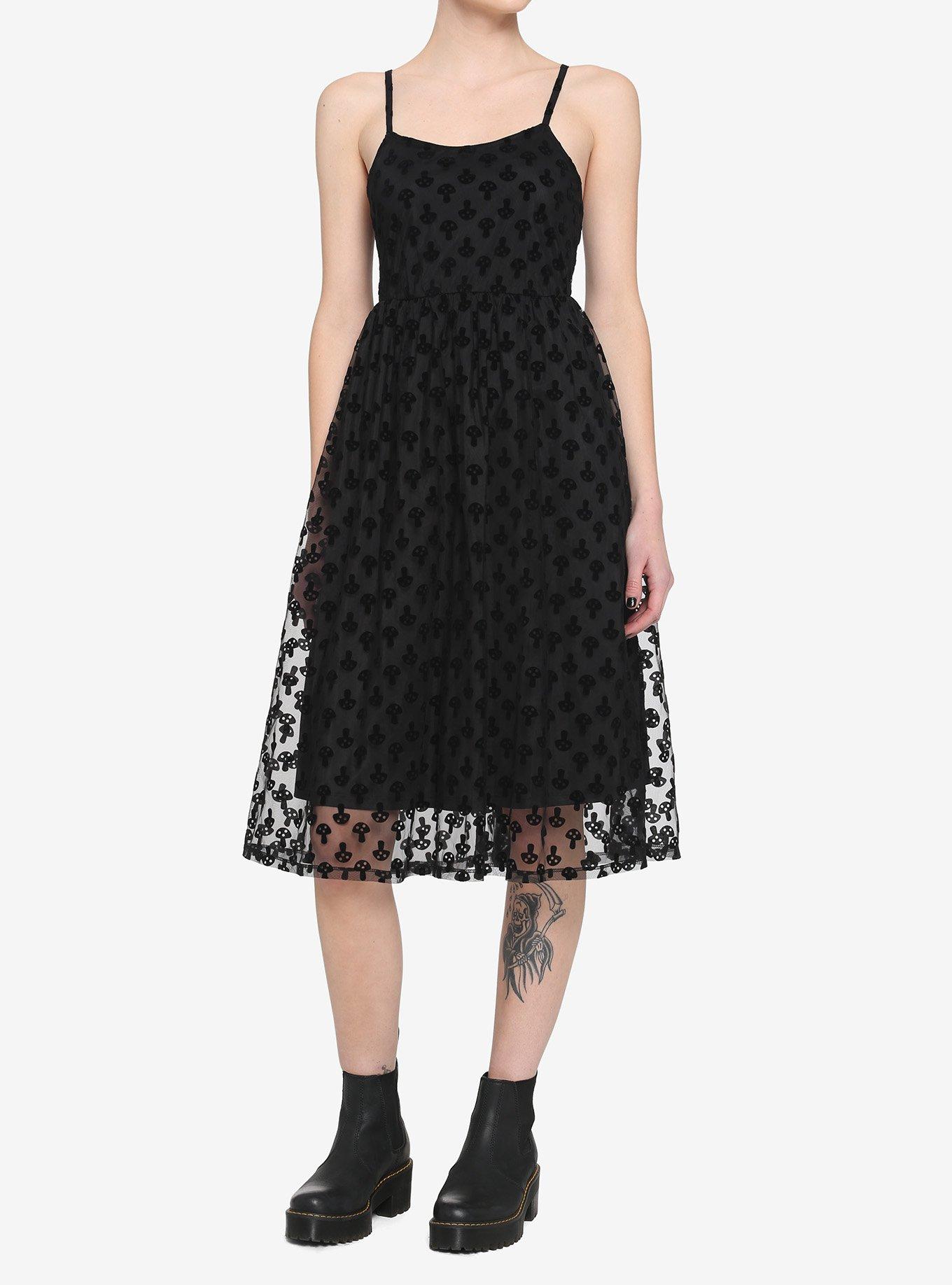 Black Flocked Mushroom Midi Dress, BLACK, alternate