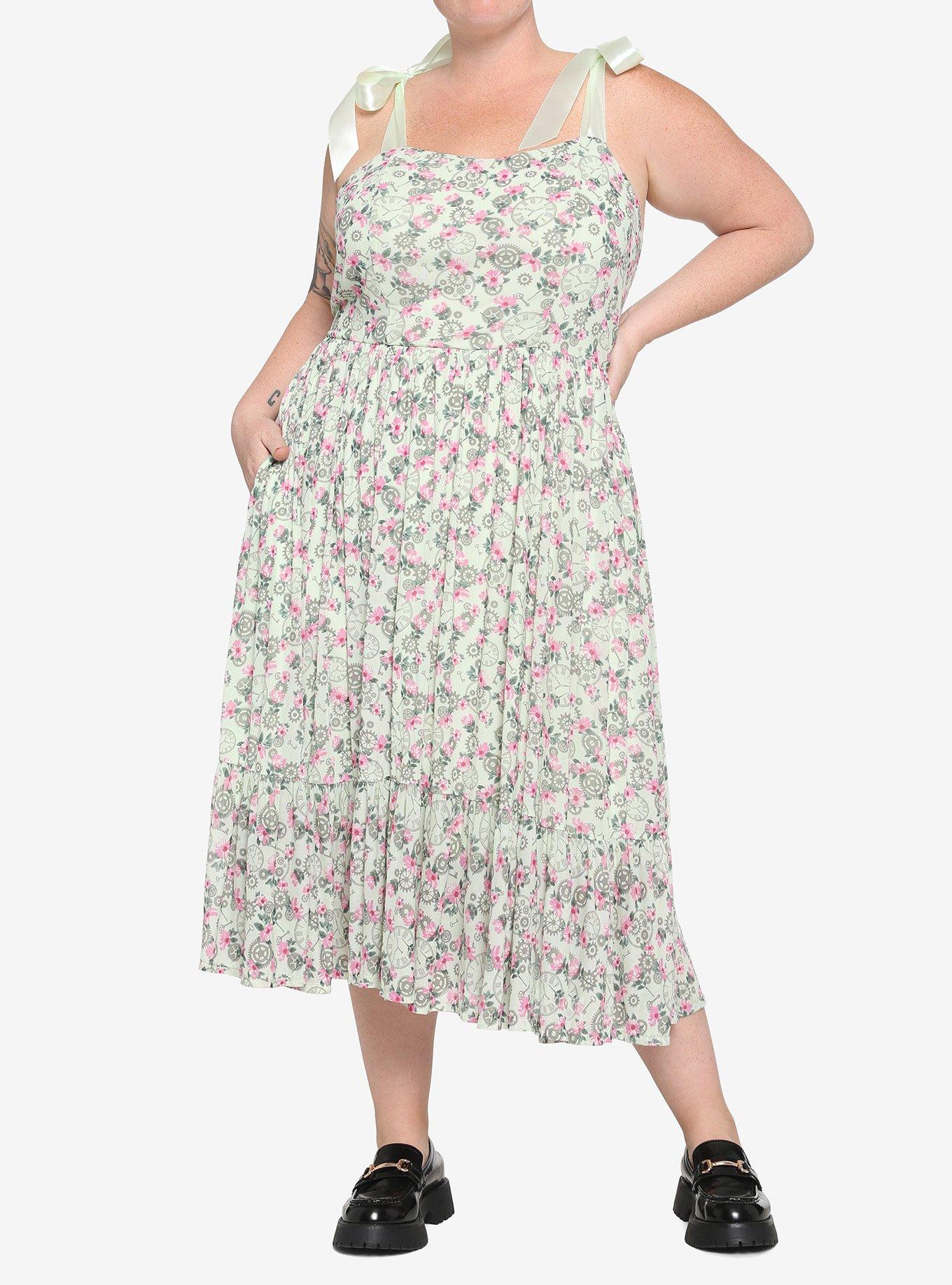 Mint Floral Clocks & Gears Midi Dress Plus Size, MINT, alternate