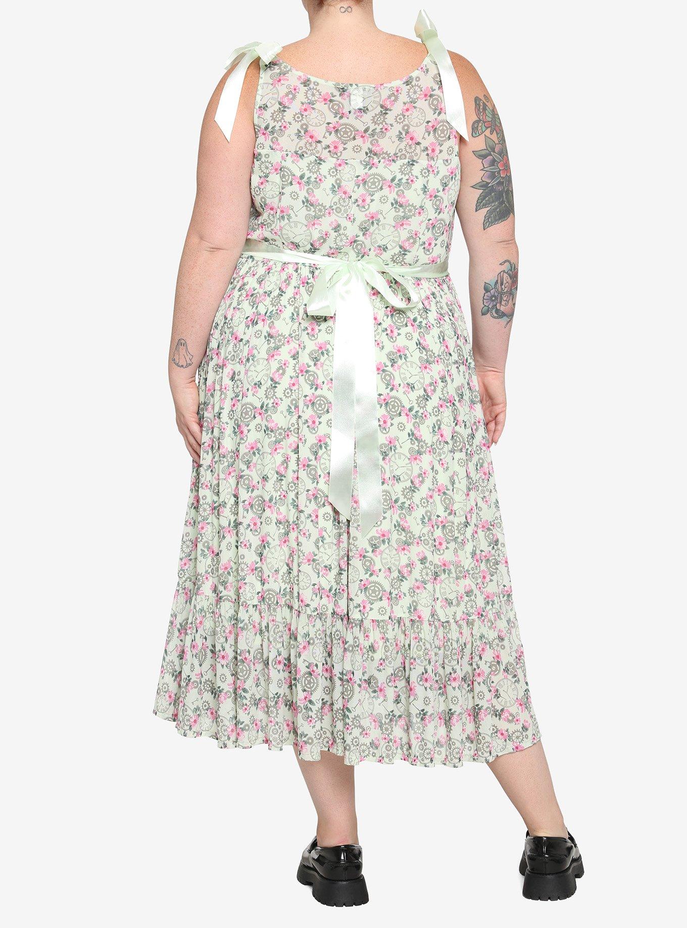 Mint Floral Clocks & Gears Midi Dress Plus Size, MINT, alternate