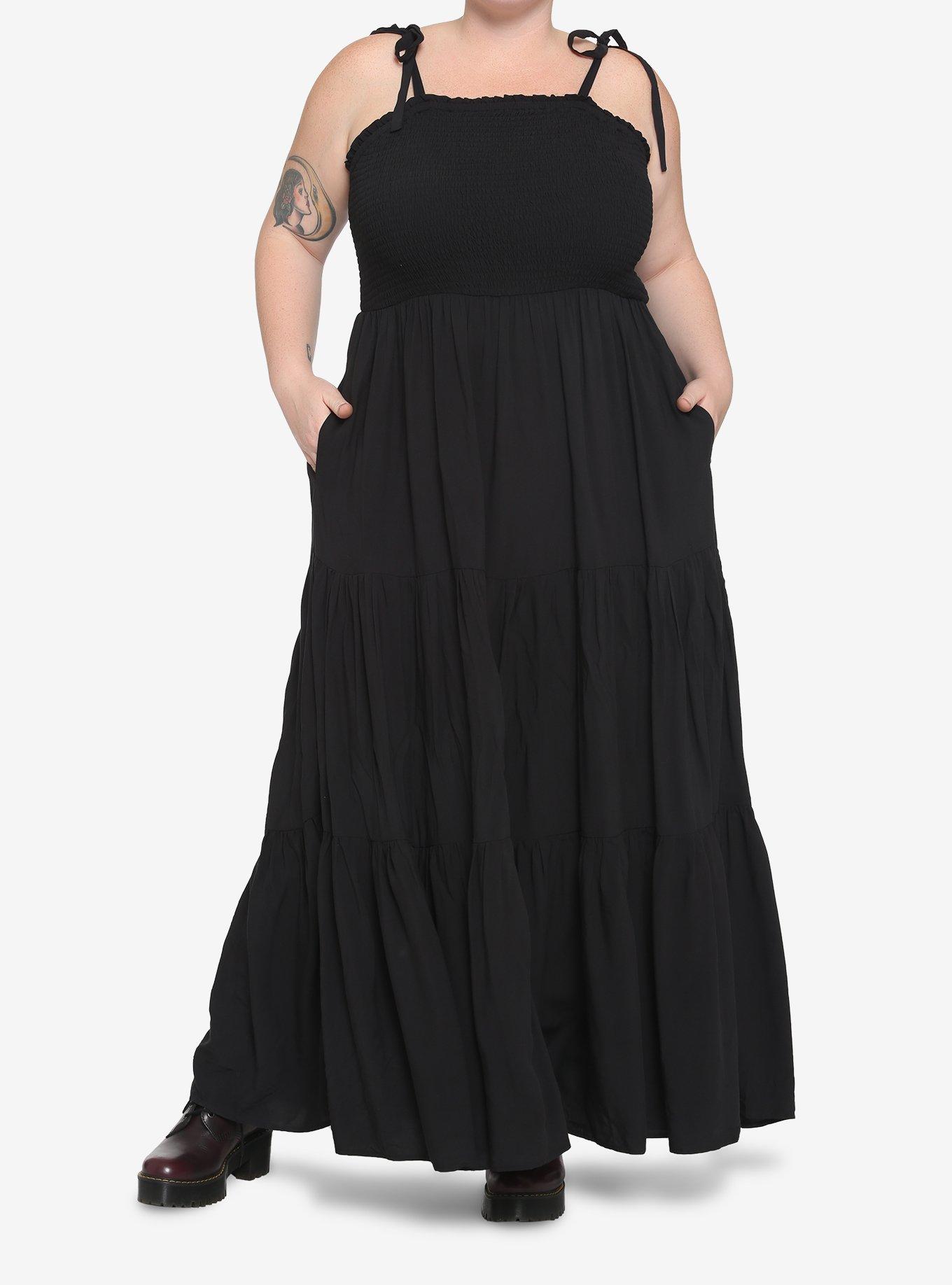 Black Smocked Tiered Midi Dress Plus Size, BLACK, alternate