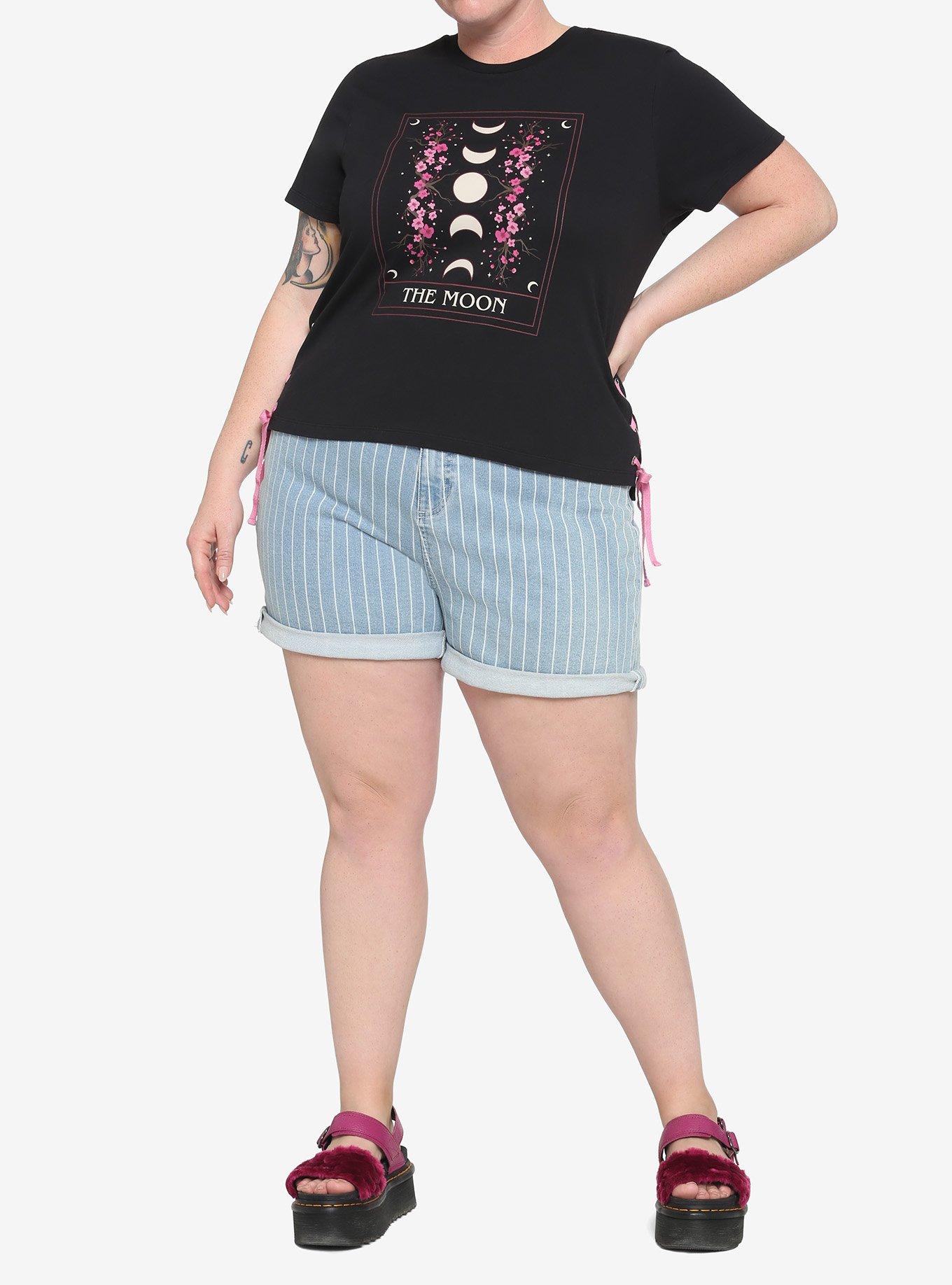 Sakura Moon Tarot Card Lace-Up Girls T-Shirt Plus Size, BLACK, alternate