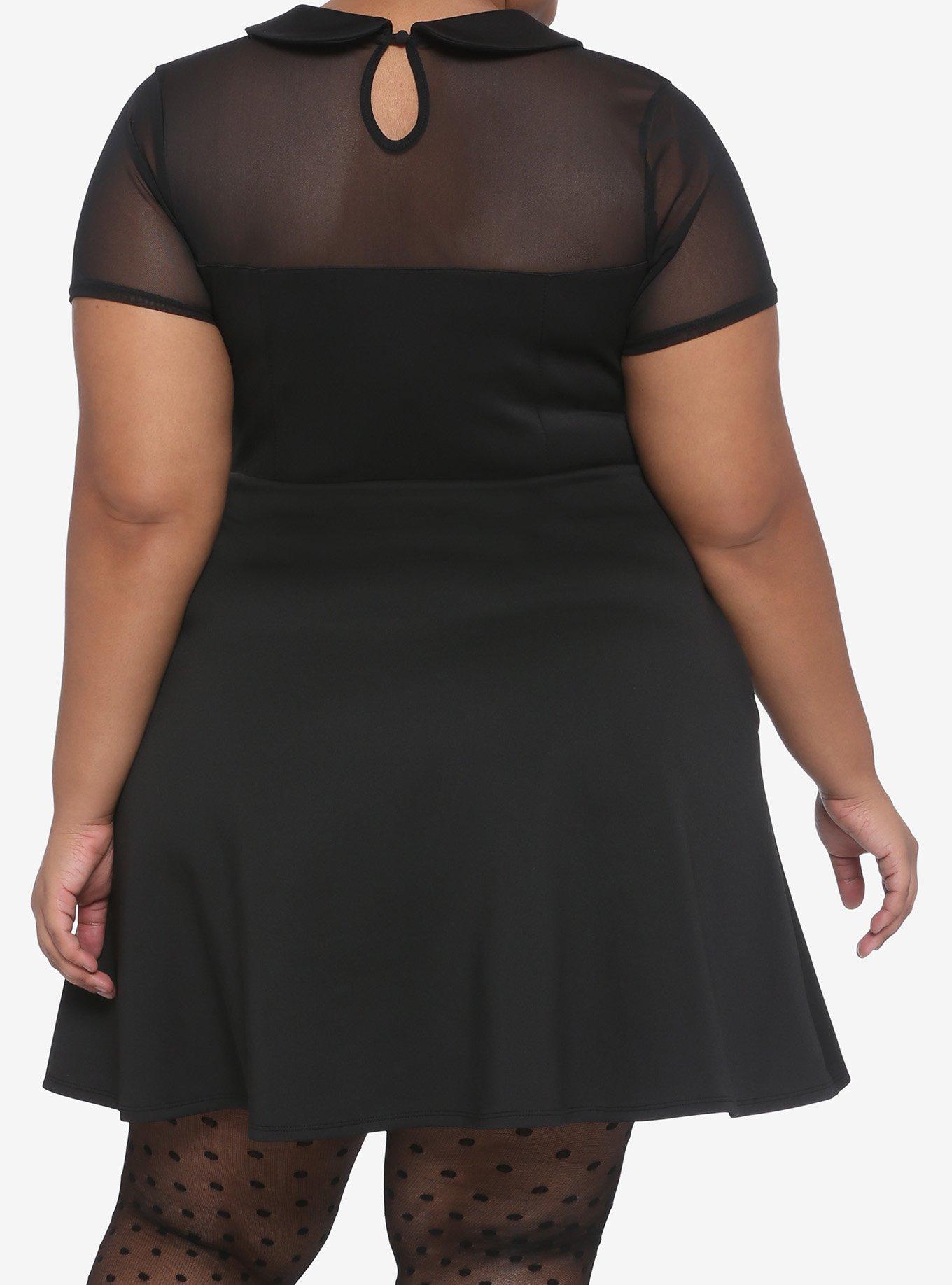 Collared Mesh Panel Skater Dress Plus Size, BLACK, alternate
