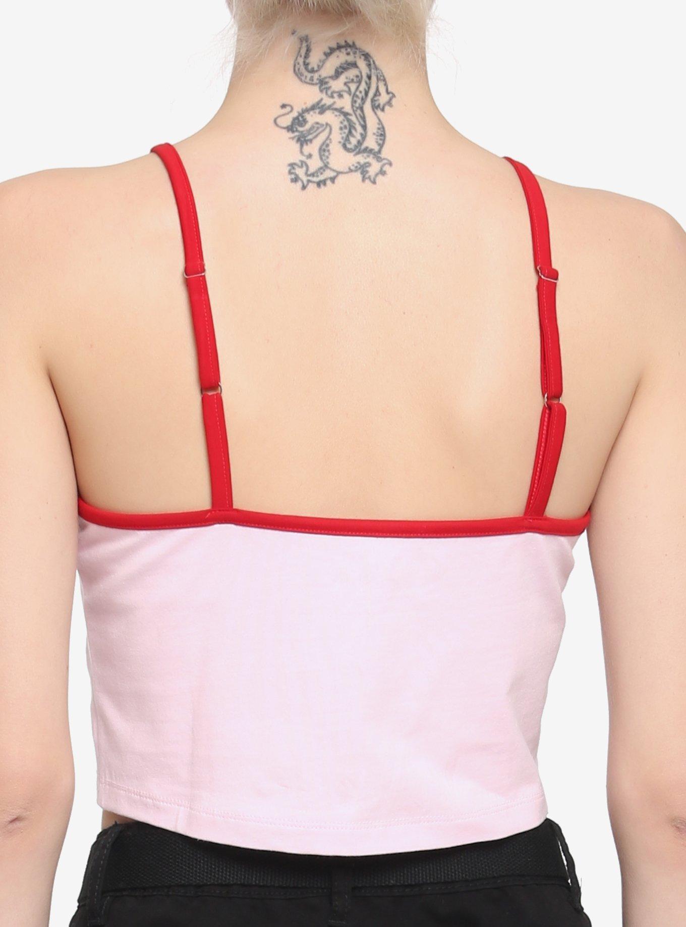 Pink Embroidered Strawberry Girls Crop Strappy Tank Top