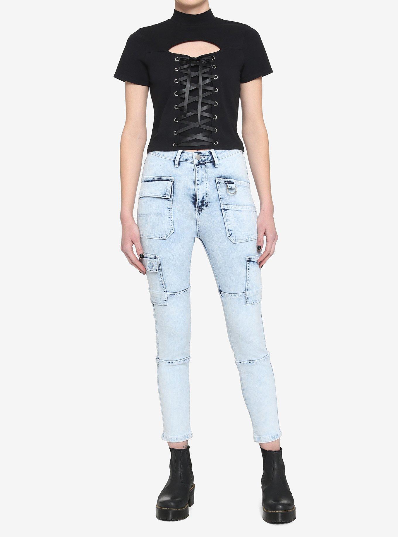 Black Lace-Up Cutout Girls Crop T-Shirt, BLACK, alternate