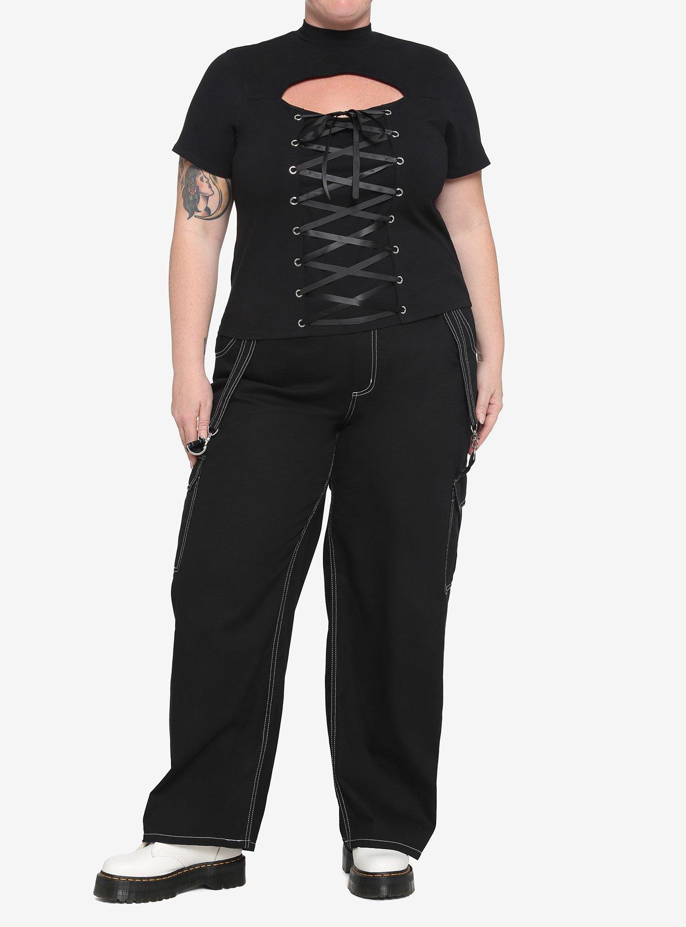 Black Lace-Up Cutout Girls Crop T-Shirt Plus Size, BLACK, alternate