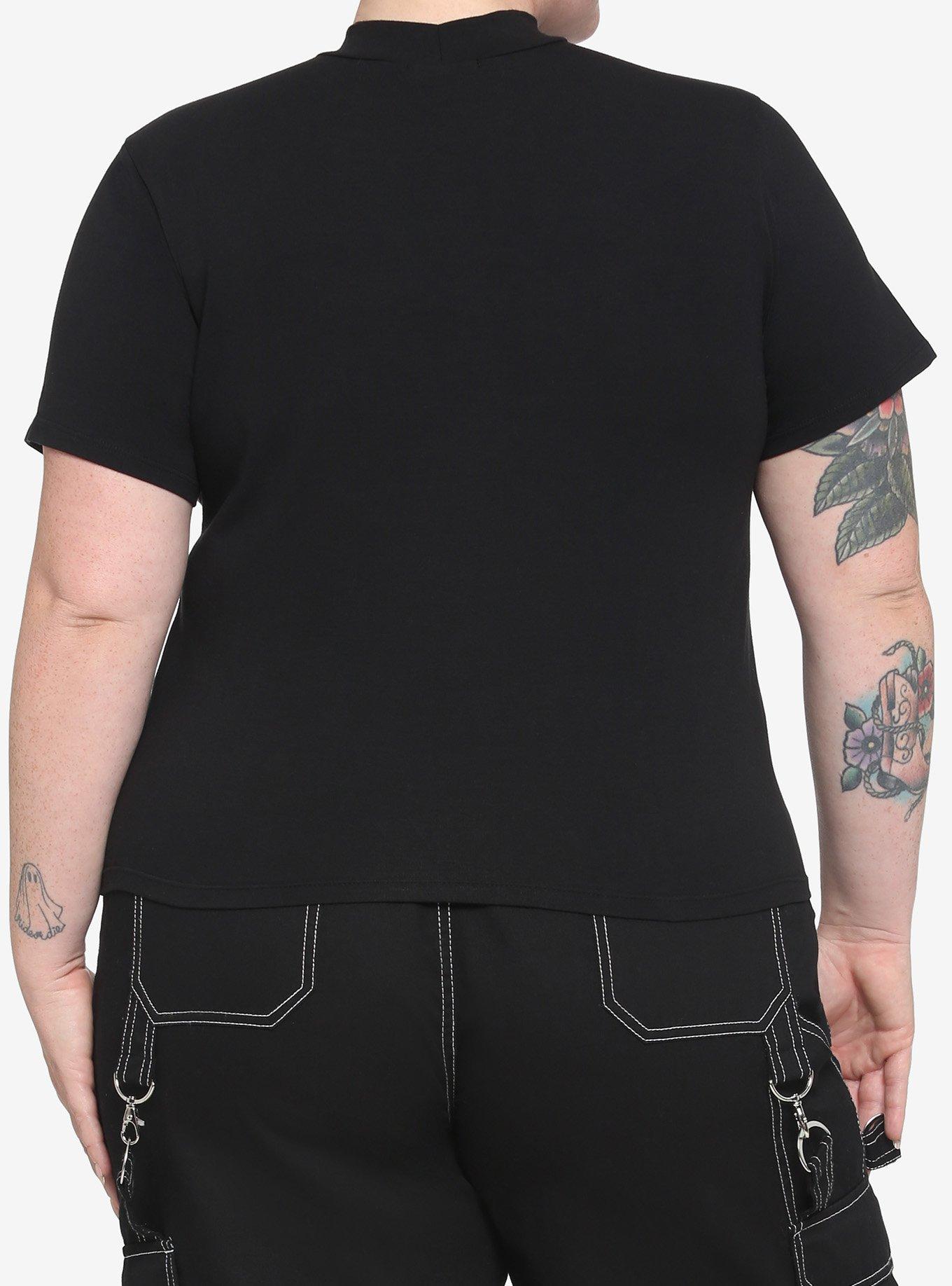 Black Lace-Up Cutout Girls Crop T-Shirt Plus Size, BLACK, alternate