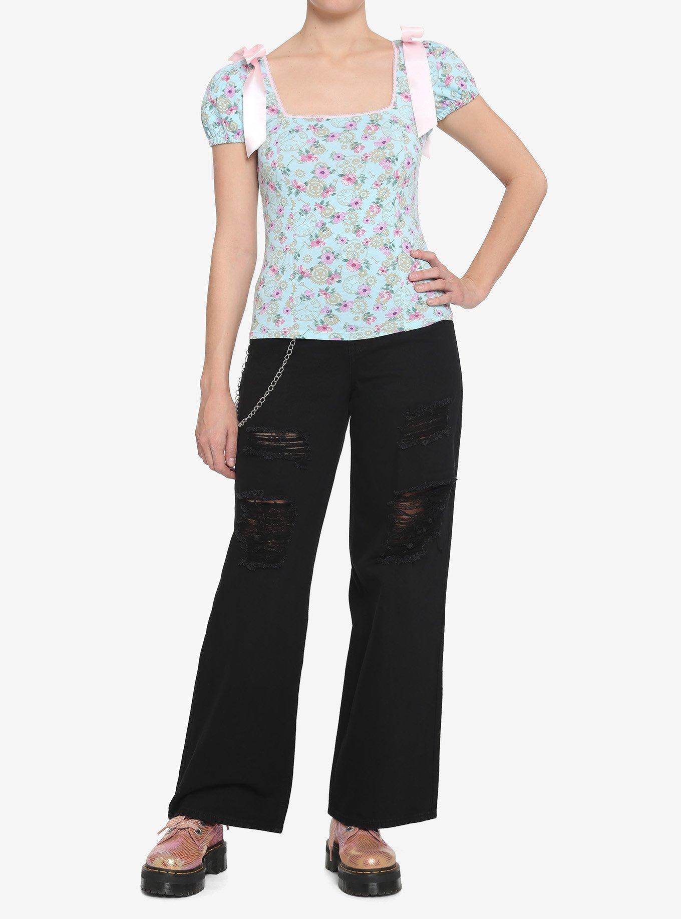 Blue Floral Clocks & Gears Girls Top, BLUE, alternate